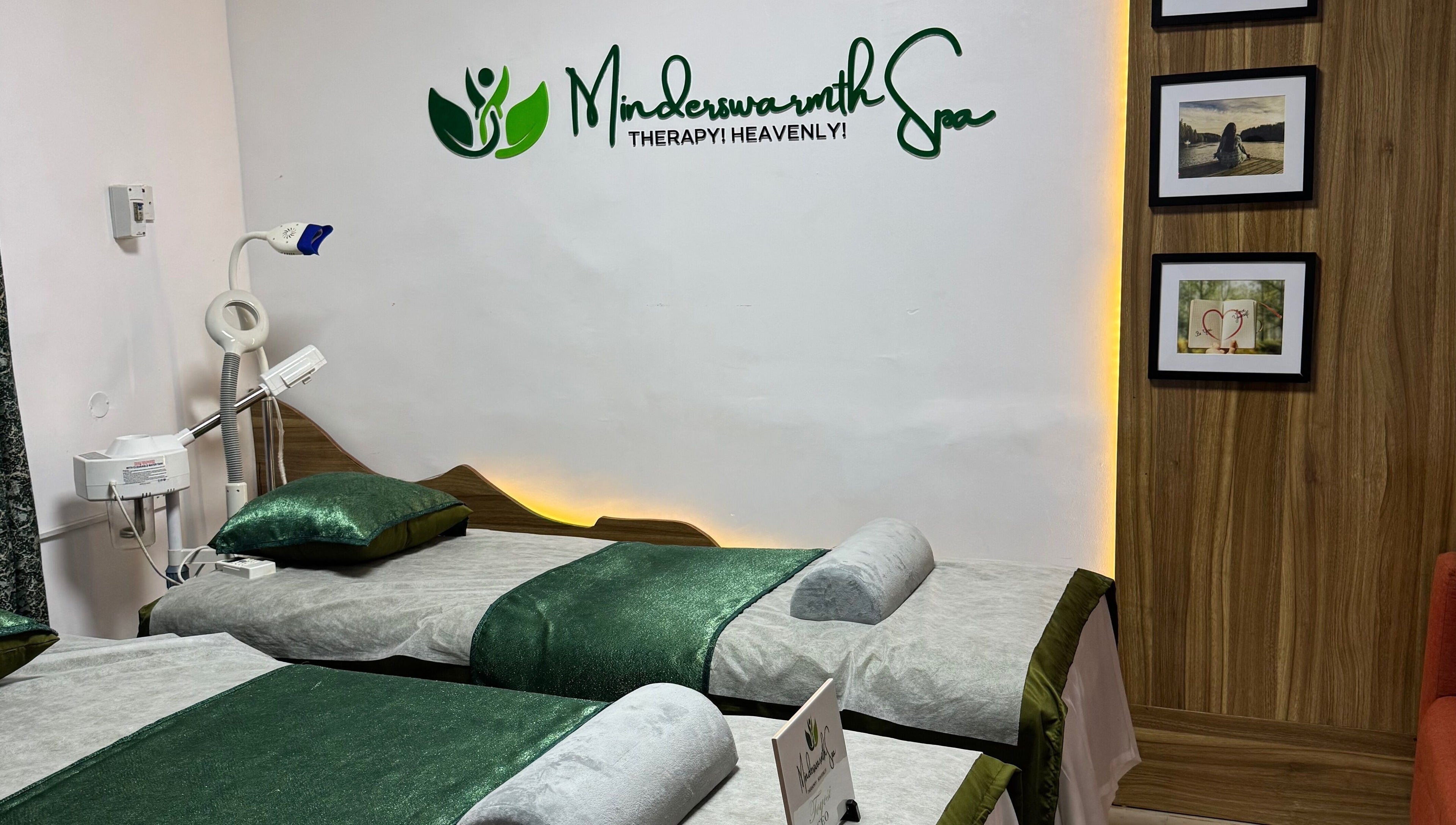Relaxing therapy beds at Minderswarmth Spa in Lekki, Lagos, NG with elegant decor inviting peaceful rejuvenation.