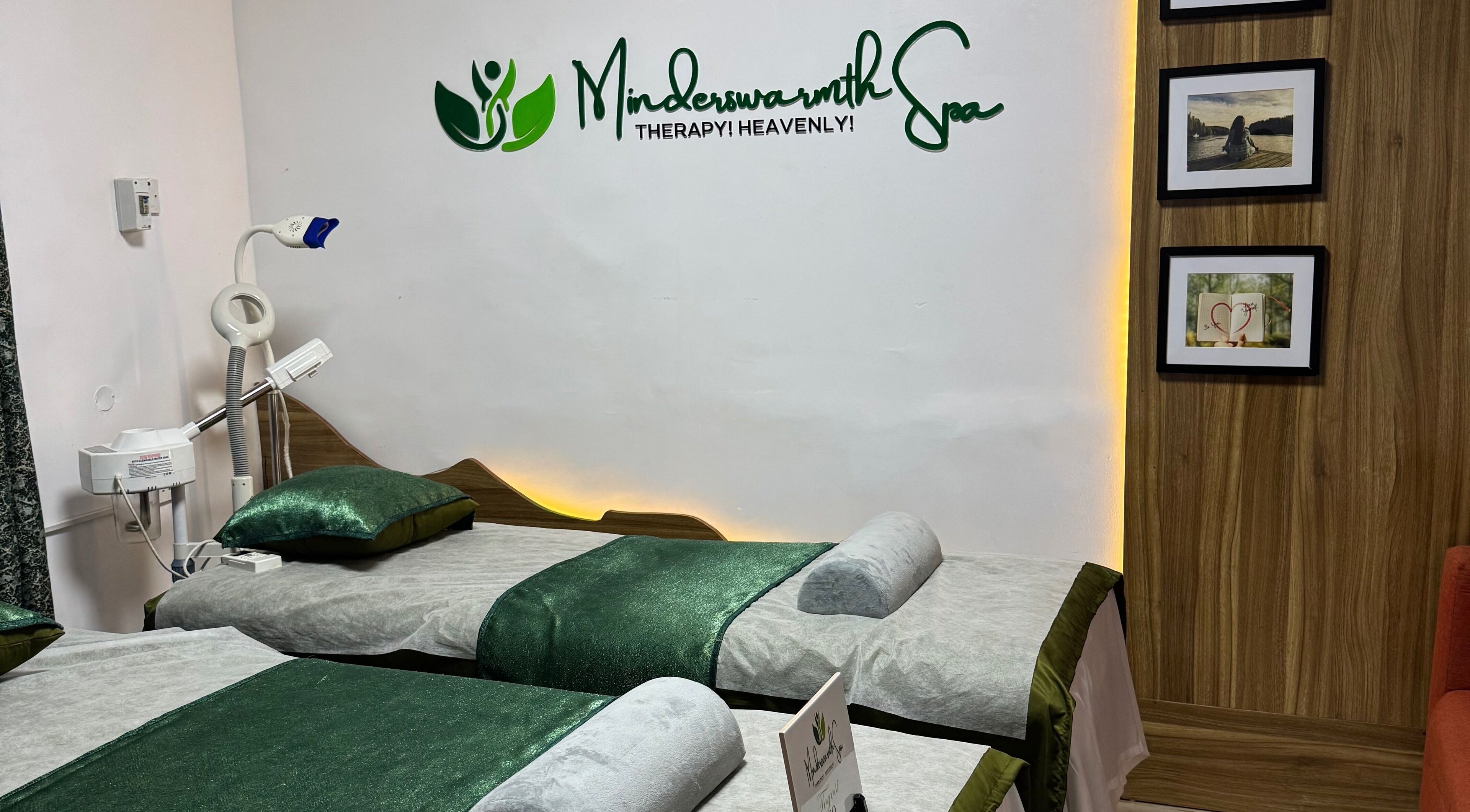 Relaxing therapy beds at Minderswarmth Spa in Lekki, Lagos, NG with elegant decor inviting peaceful rejuvenation.