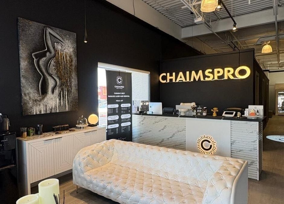 Reception area at ChaimsPro Medical Aesthetics - Pickering with modern decor in Pickering, Ontario, CA.