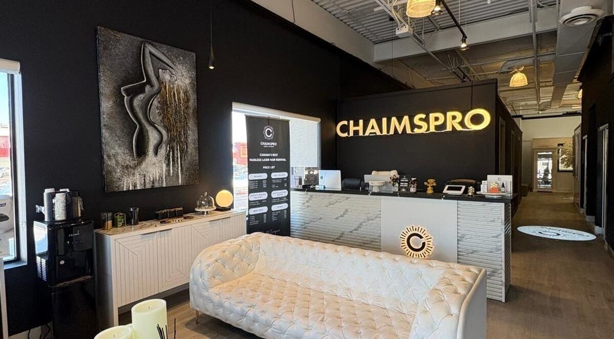 Reception area at ChaimsPro Medical Aesthetics - Pickering with modern decor in Pickering, Ontario, CA.