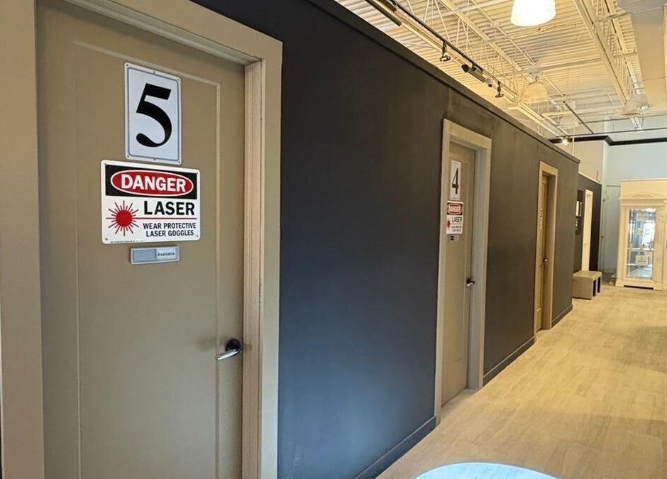 Corridor with laser room doors at ChaimsPro Medical Aesthetics - Pickering in Pickering, Ontario, CA.