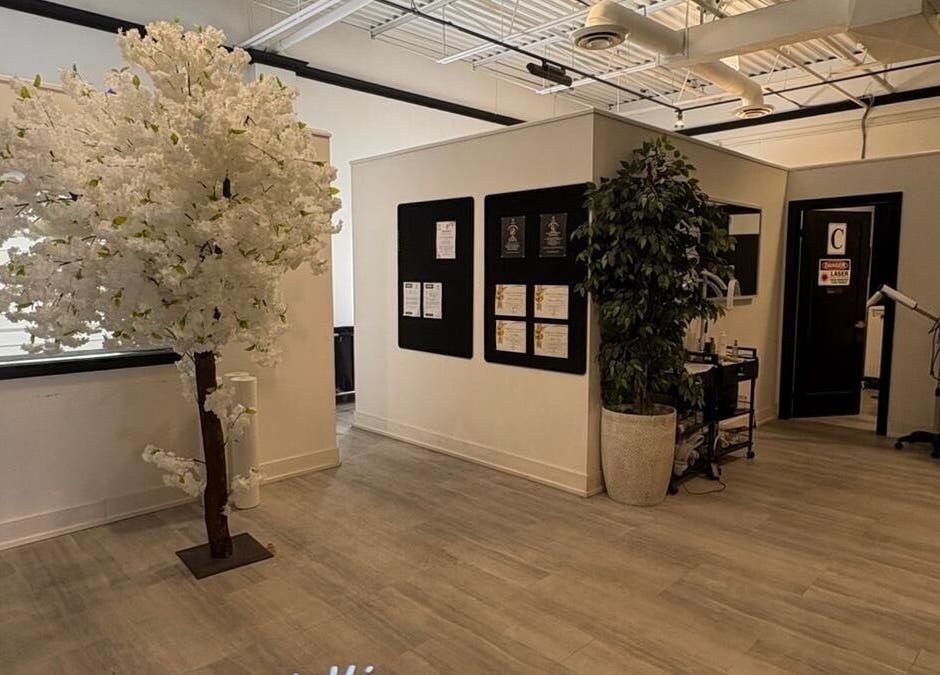 ChaimsPro Medical Aesthetics - Pickering lobby with white floral decor, Pickering, Ontario, CA.