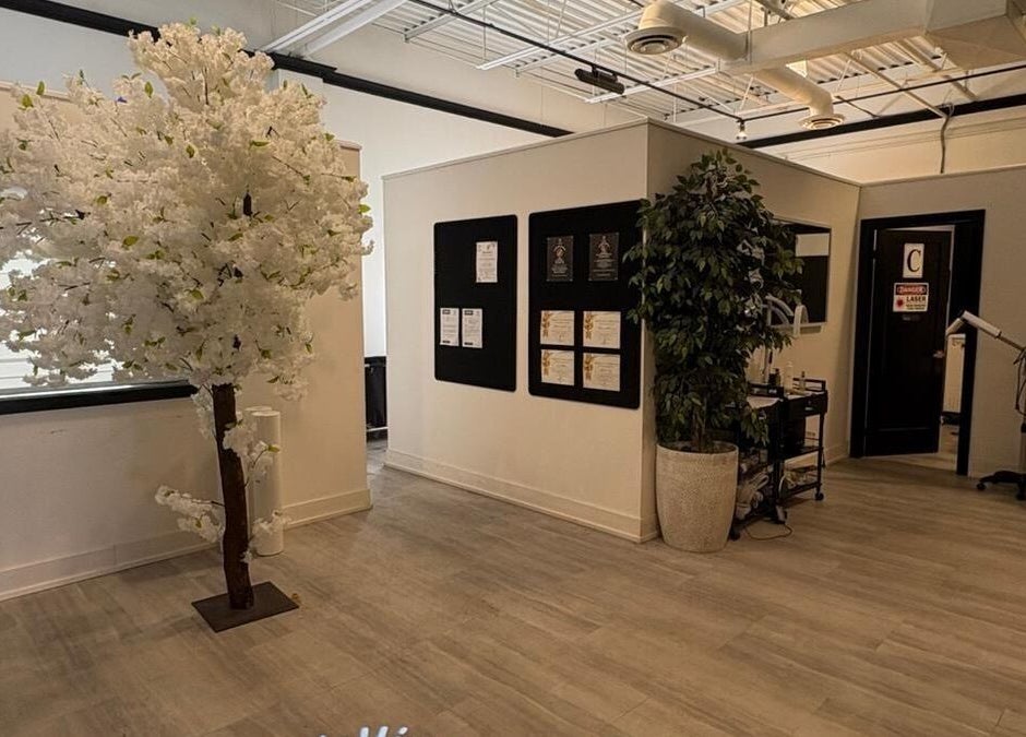 ChaimsPro Medical Aesthetics - Pickering lobby with white floral decor, Pickering, Ontario, CA.