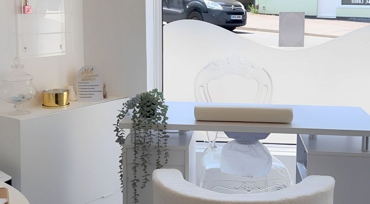 Stylish manicure station at Bellissima Studios, Caterham, England, GB, with chic decor and modern furnishings.