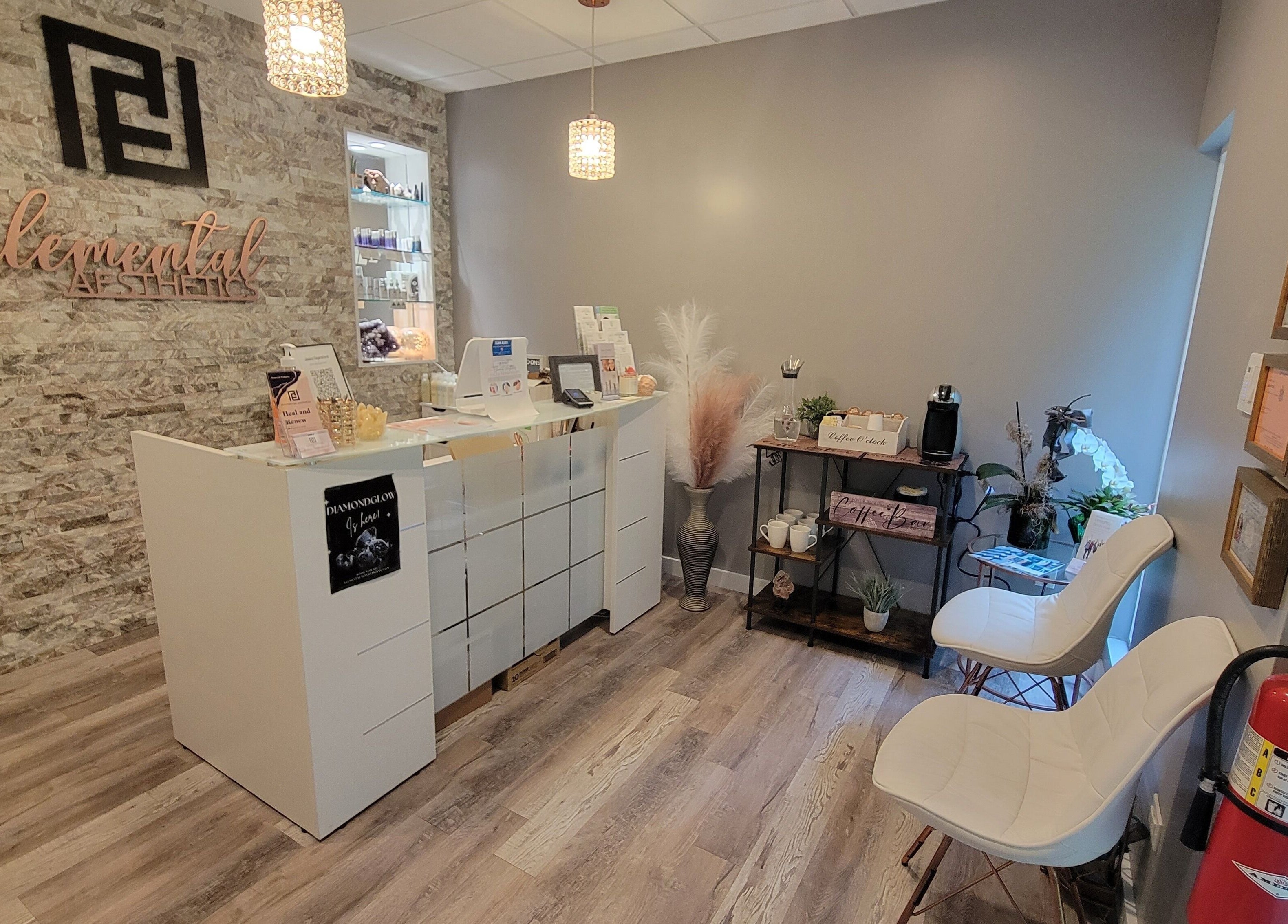 Inviting reception area of Elemental Aesthetics in Mahopac, New York, US, with chic decor and comfortable seating.