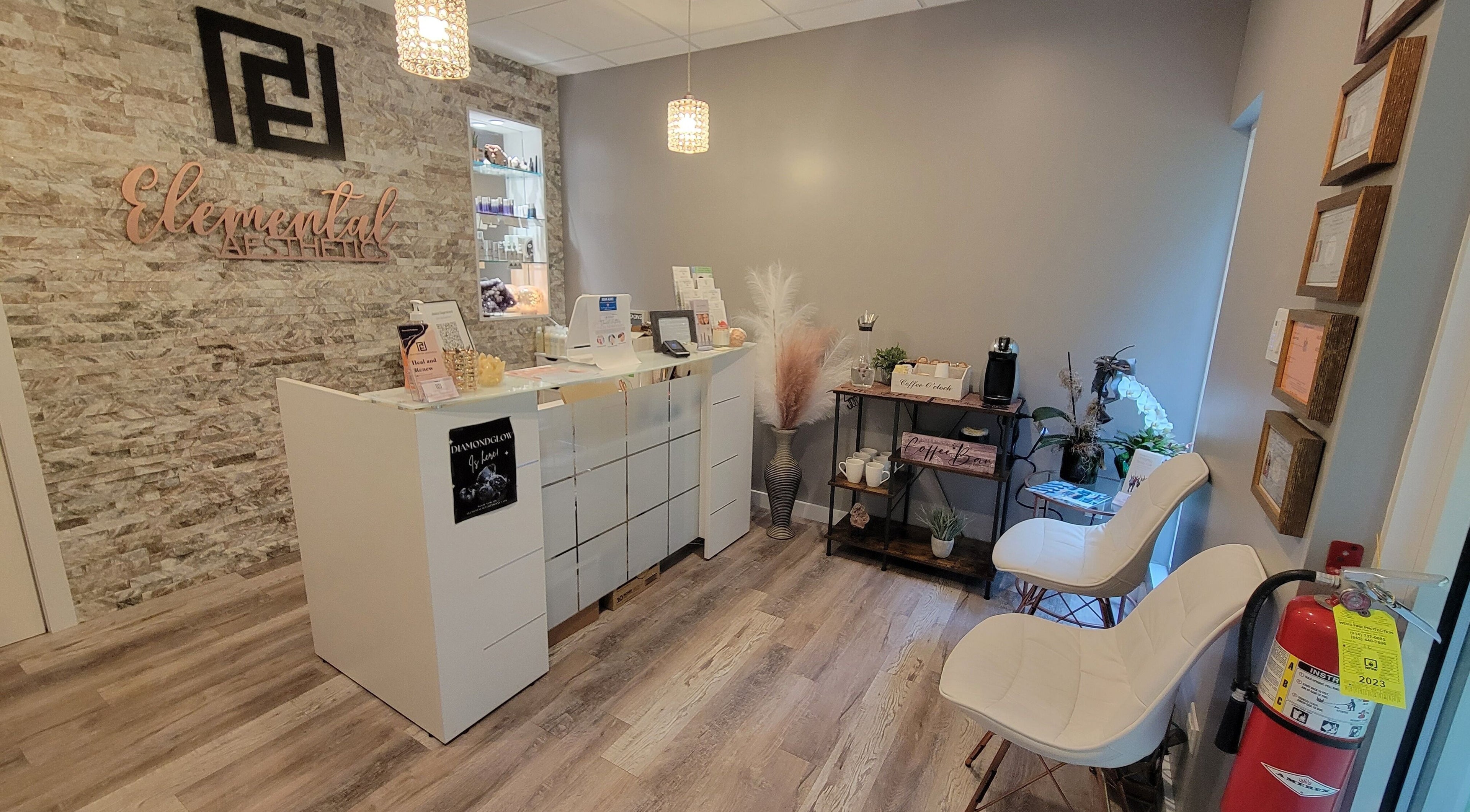 Inviting reception area of Elemental Aesthetics in Mahopac, New York, US, with chic decor and comfortable seating.