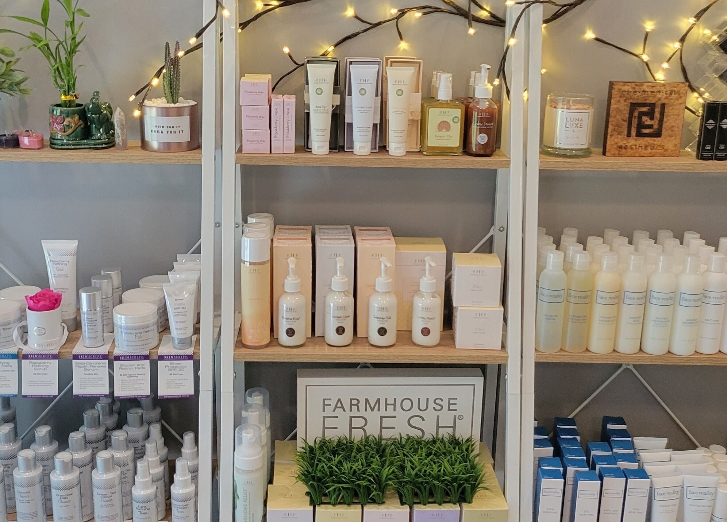 Brightly lit skincare shelves at Elemental Aesthetics in Mahopac, New York, US, showcasing wellness products.