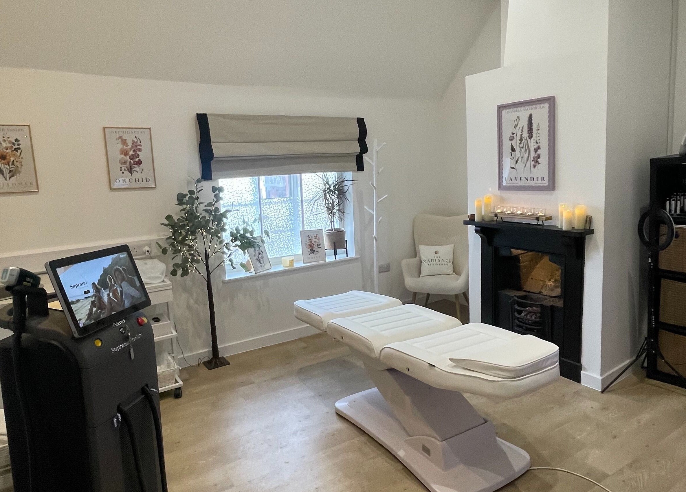 Tranquil treatment room at Bare & Brilliant, Lichfield, England, GB featuring relaxing decor and equipment.