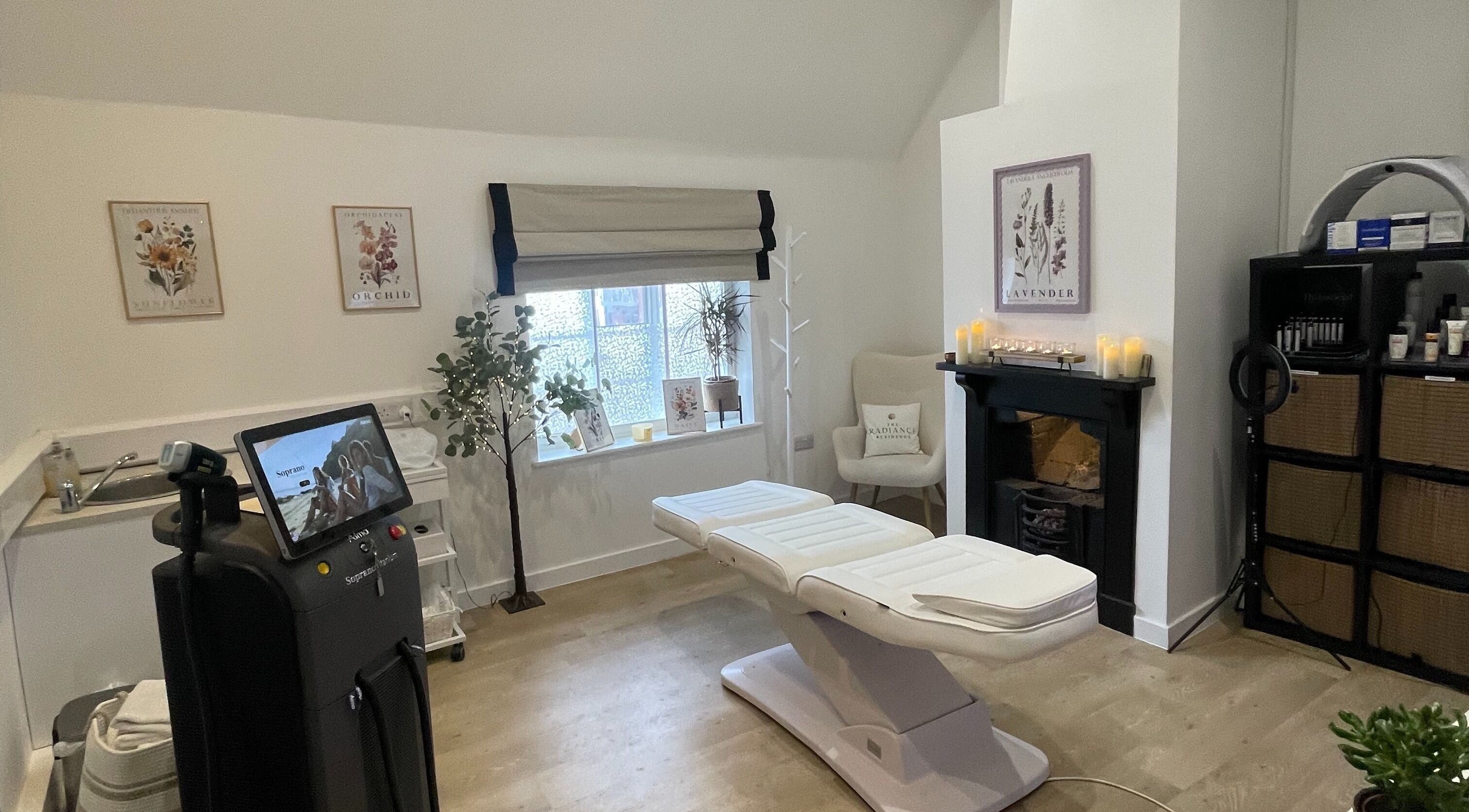 Tranquil treatment room at Bare & Brilliant, Lichfield, England, GB featuring relaxing decor and equipment.