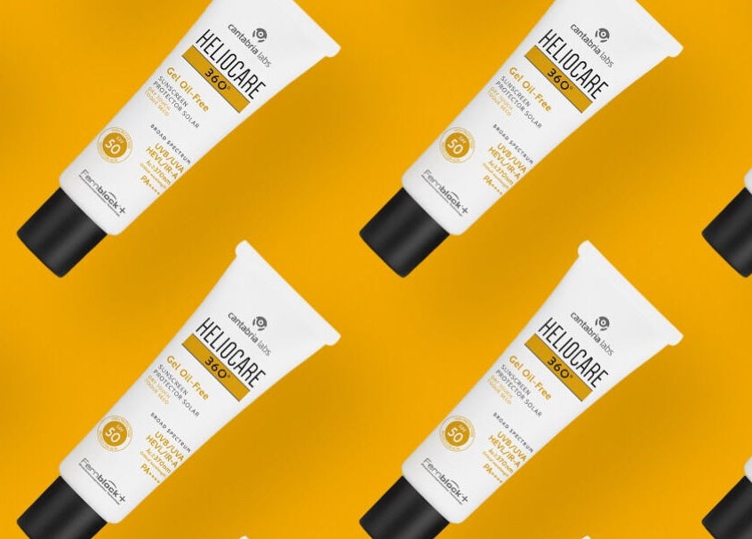 Heliocare 360 sunscreen tubes at Bare & Brilliant, Lichfield, England, GB. Bright yellow background.