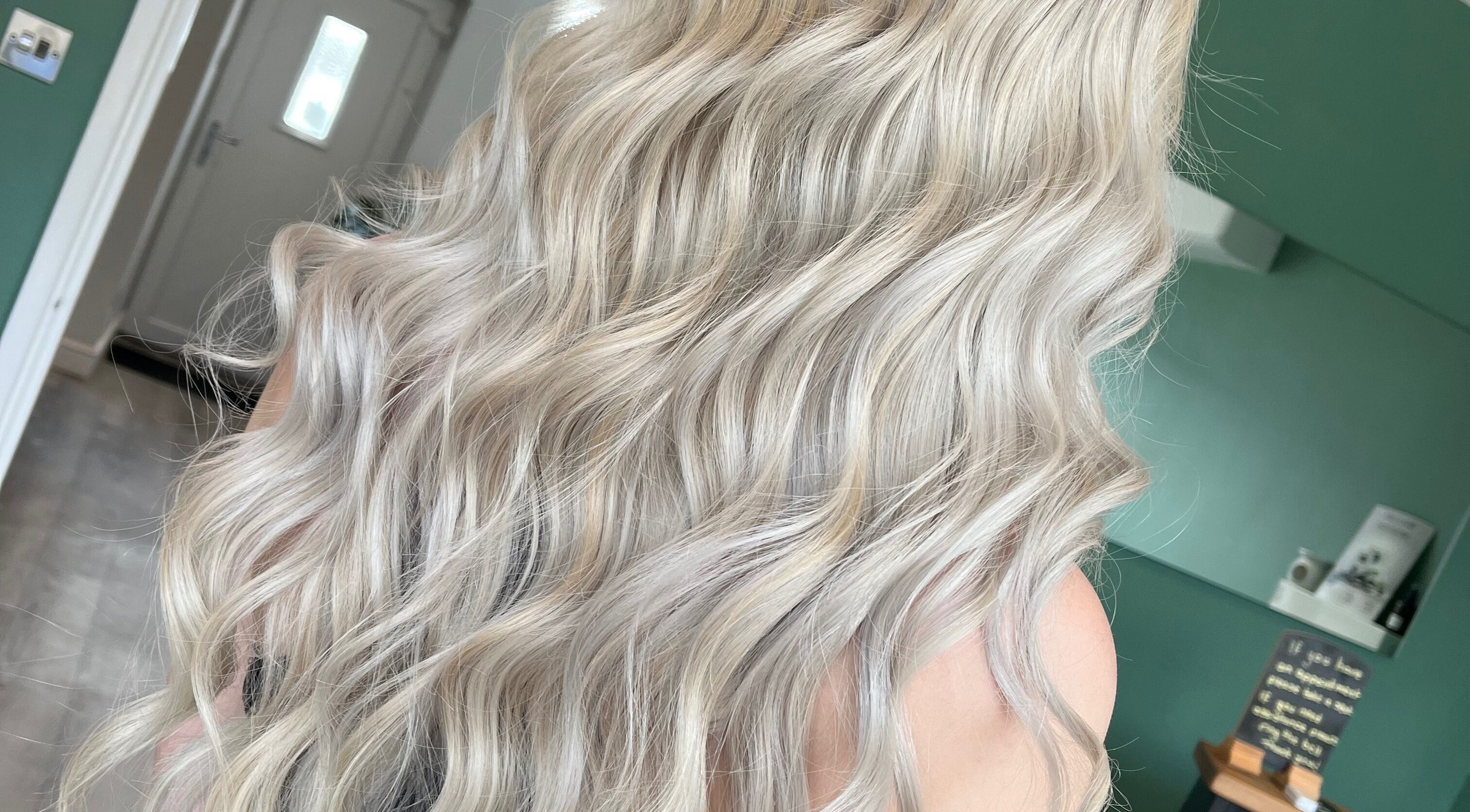 Silky platinum waves styled at Hair by Lucy Ella, Ilkeston, England, GB salon.