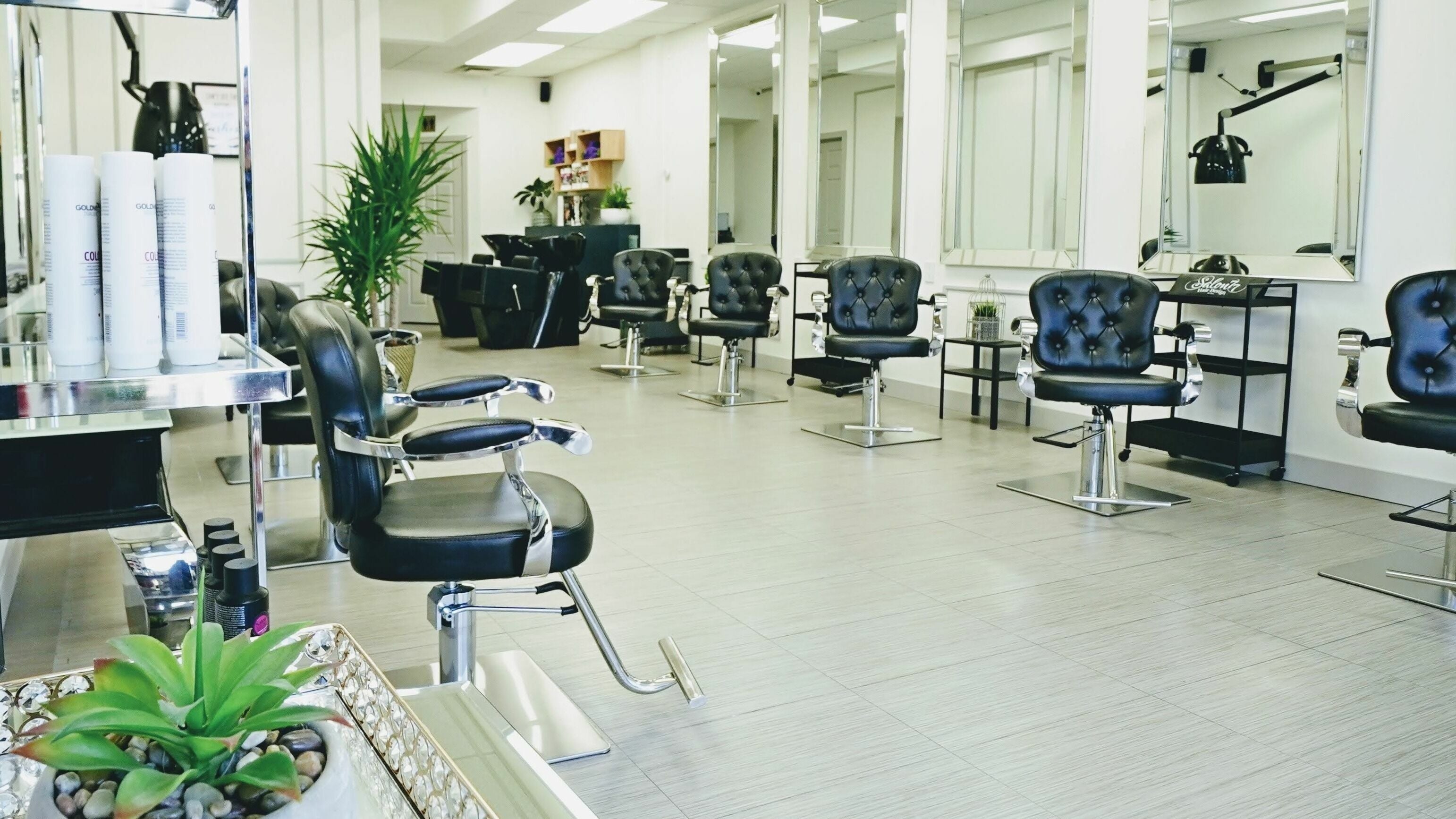 Modern interior of Salon 77 Hair Design Newmarket in Newmarket, Ontario, CA showcasing sleek salon chairs.