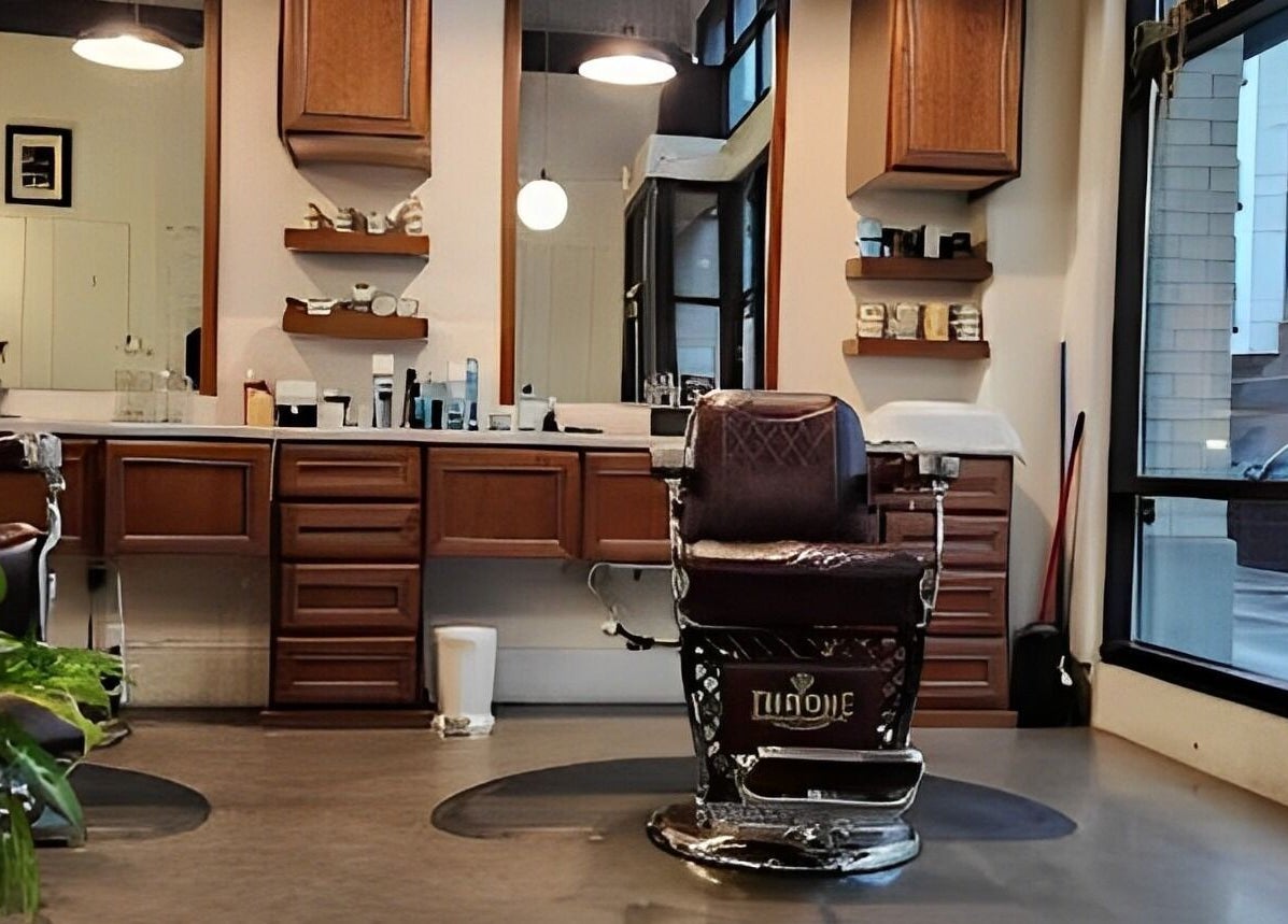 Cozy interior of Throne Traditional Barbershop on Williams, Portland, Oregon, US, featuring vintage barber chair.