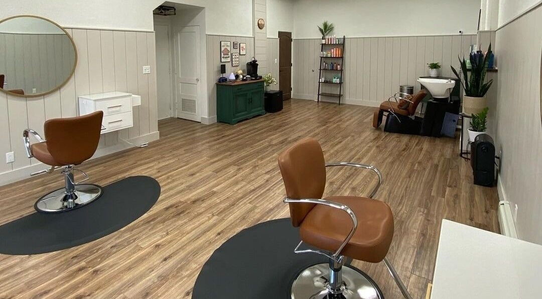 Interior of First Street Salon in Princeton, Minnesota, US featuring stylish chairs and wooden flooring.