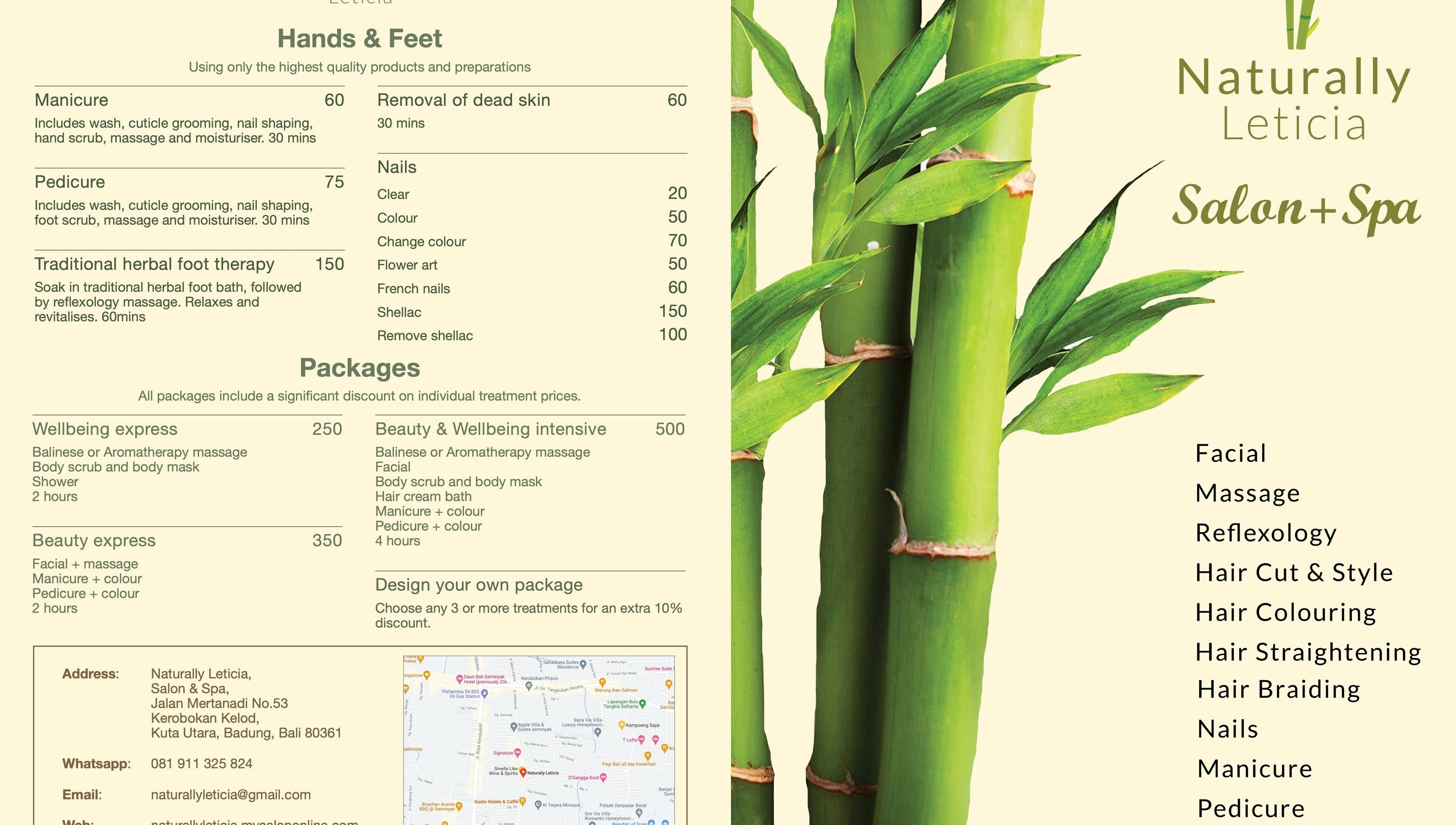 Menu of services at Naturally Leticia, Bali, Bali, ID with bamboo design on the side.