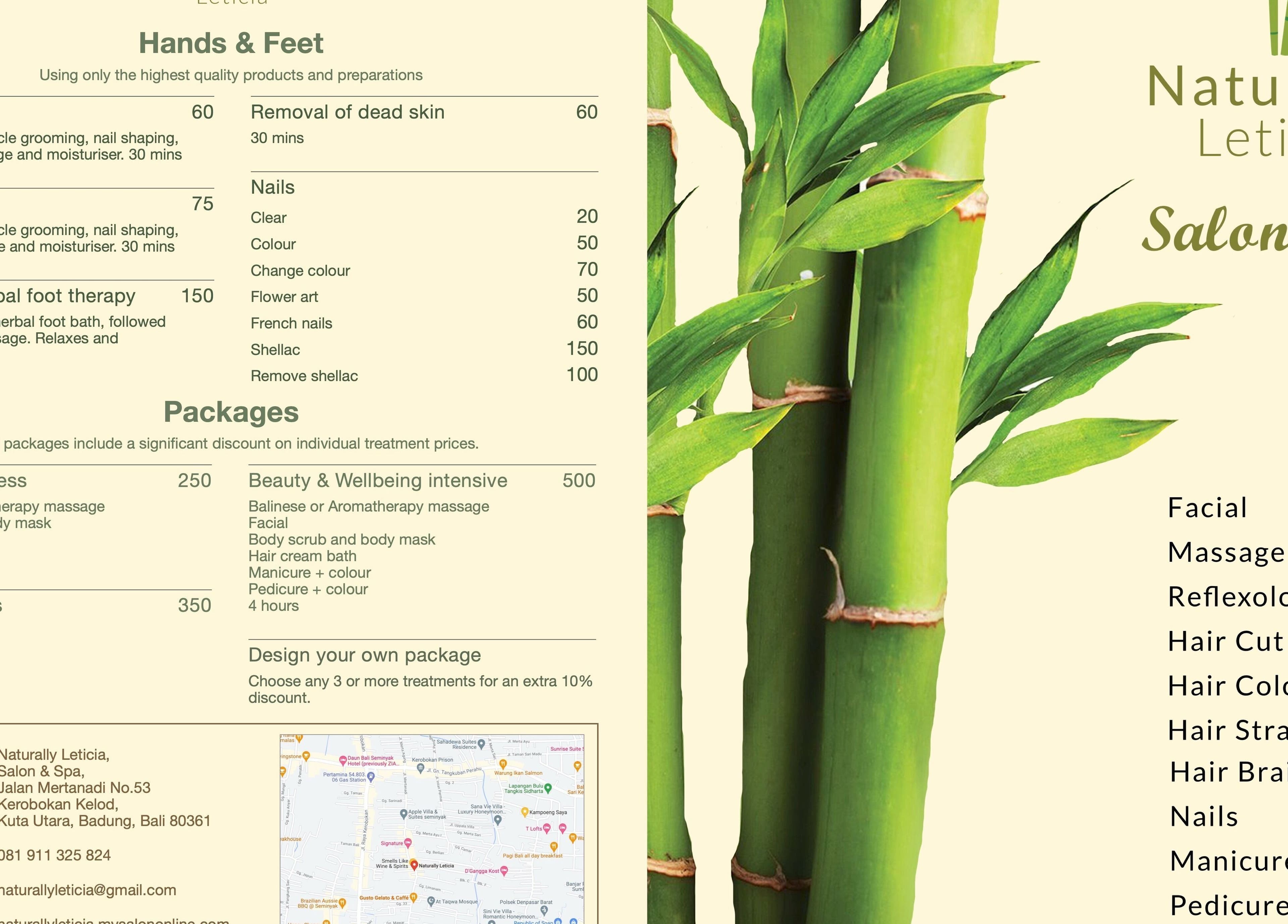 Menu of services at Naturally Leticia, Bali, Bali, ID with bamboo design on the side.