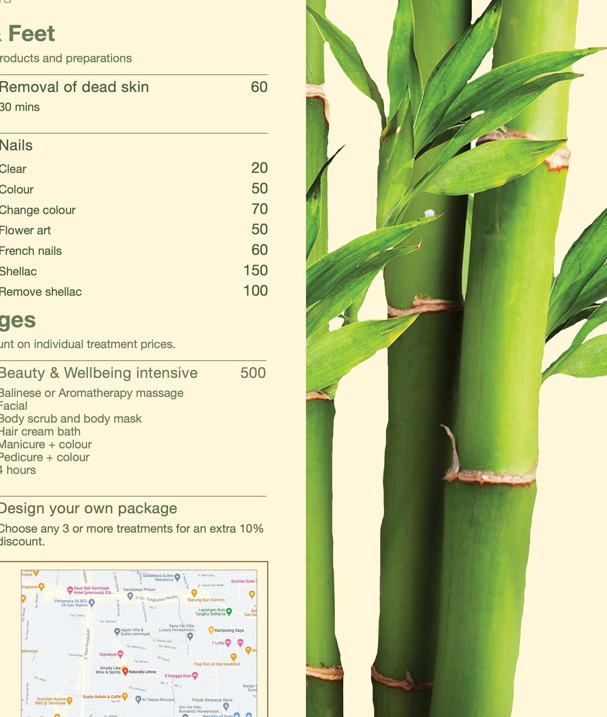 Menu of services at Naturally Leticia, Bali, Bali, ID with bamboo design on the side.