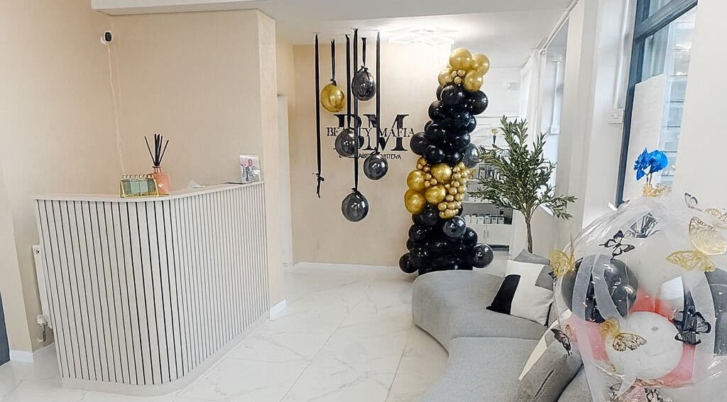 Reception area of Beauty Mafia by Elizabete Kustova, Hull, England, GB with decorative balloons and modern decor.