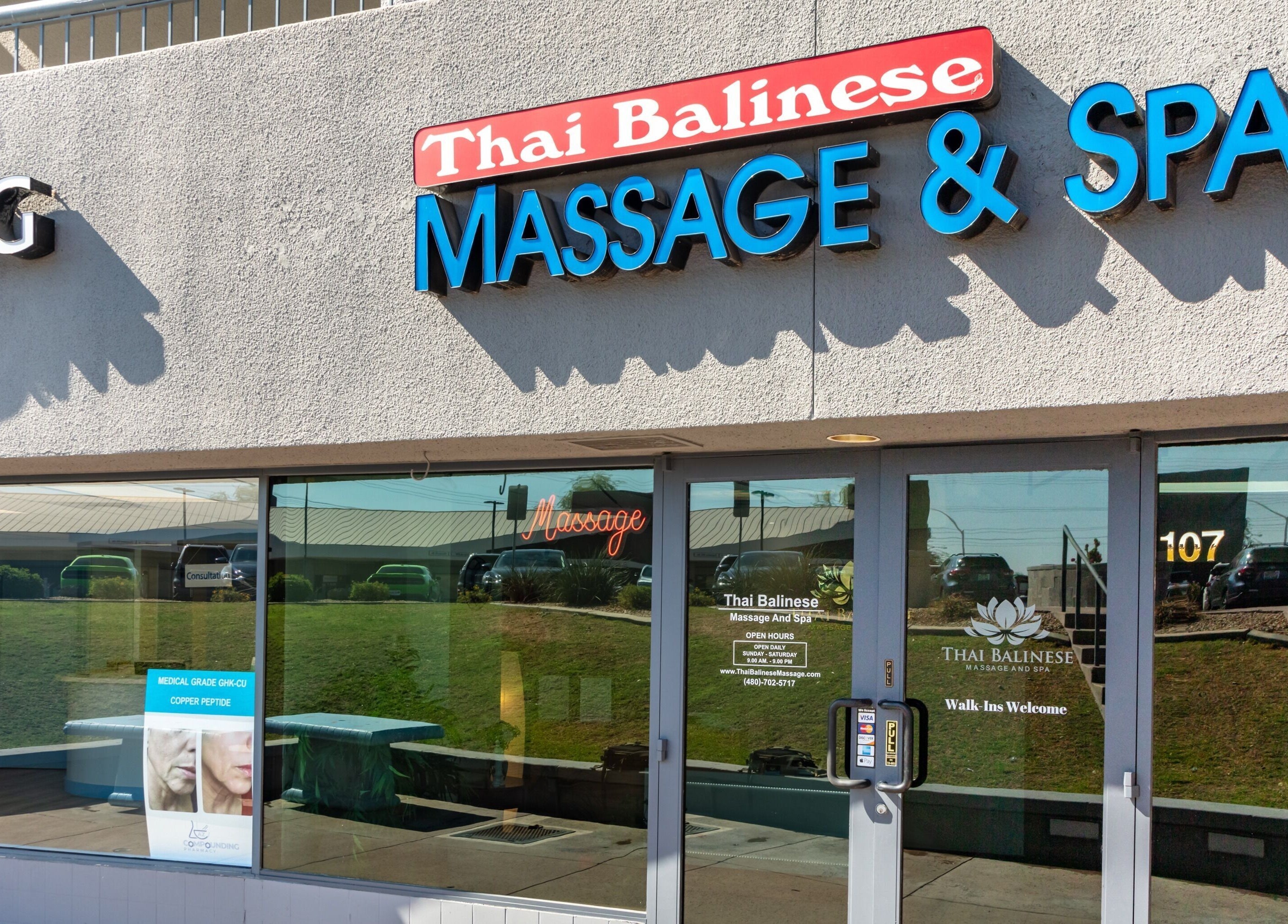 Facade of Thai Balinese Massage & Spa in Scottsdale, Arizona, US showcasing entrance and signage.