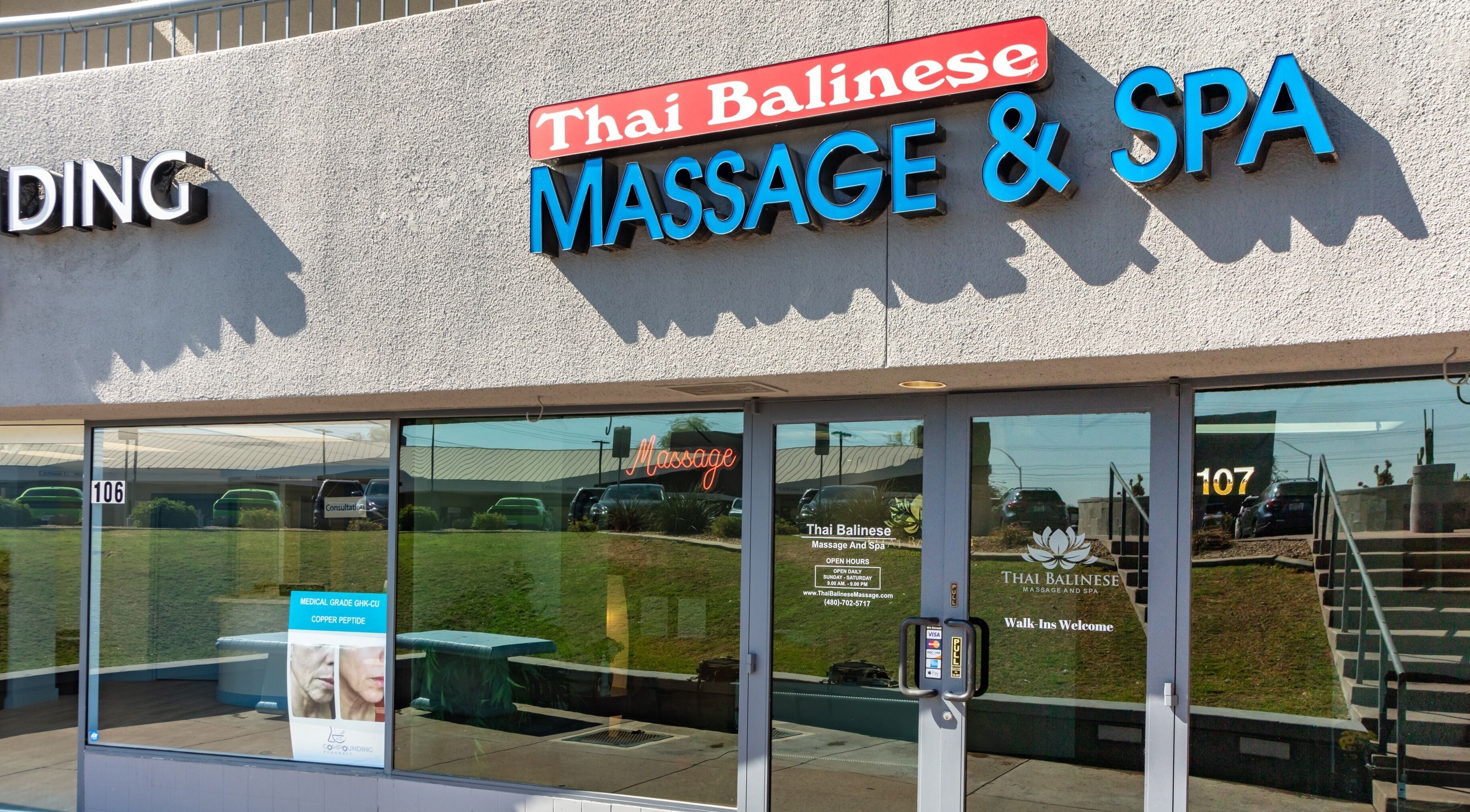 Facade of Thai Balinese Massage & Spa in Scottsdale, Arizona, US showcasing entrance and signage.