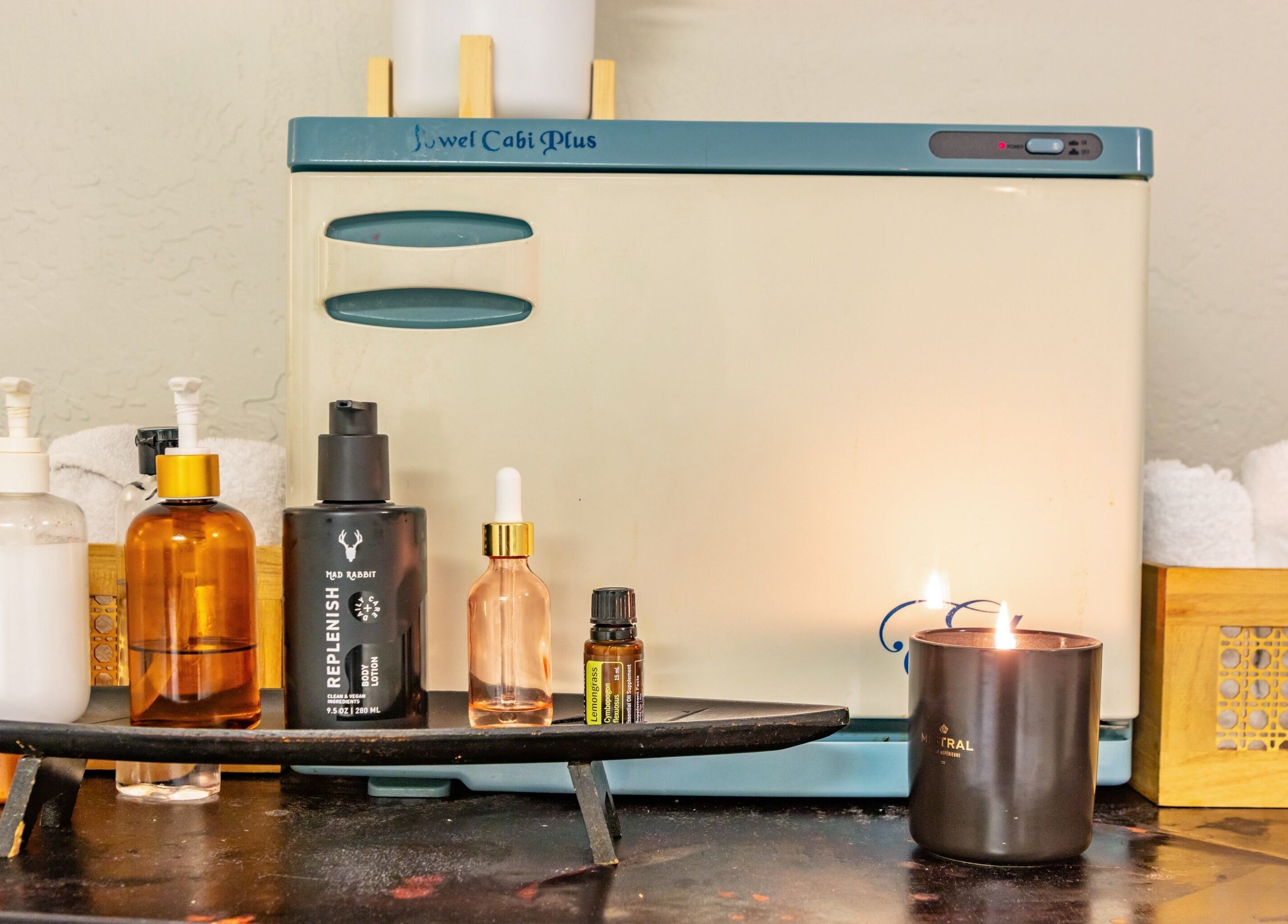 Spa essentials and candle at Thai Balinese Massage & Spa in Scottsdale, Arizona, US.