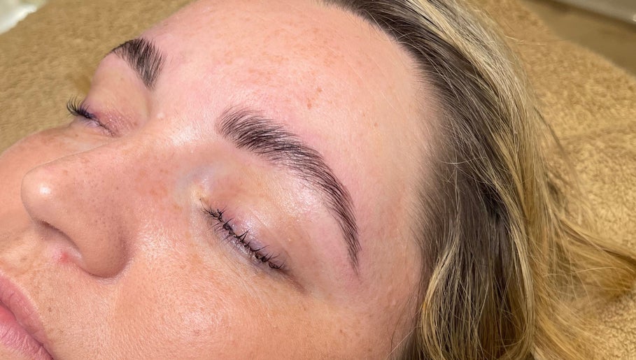 Close-up of perfectly styled eyebrows at Lara Kingshott Beauty in Bedford, England, GB.