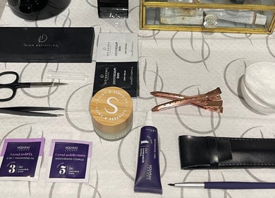 Beauty tools and products displayed at Lara Kingshott Beauty in Bedford, England, GB.