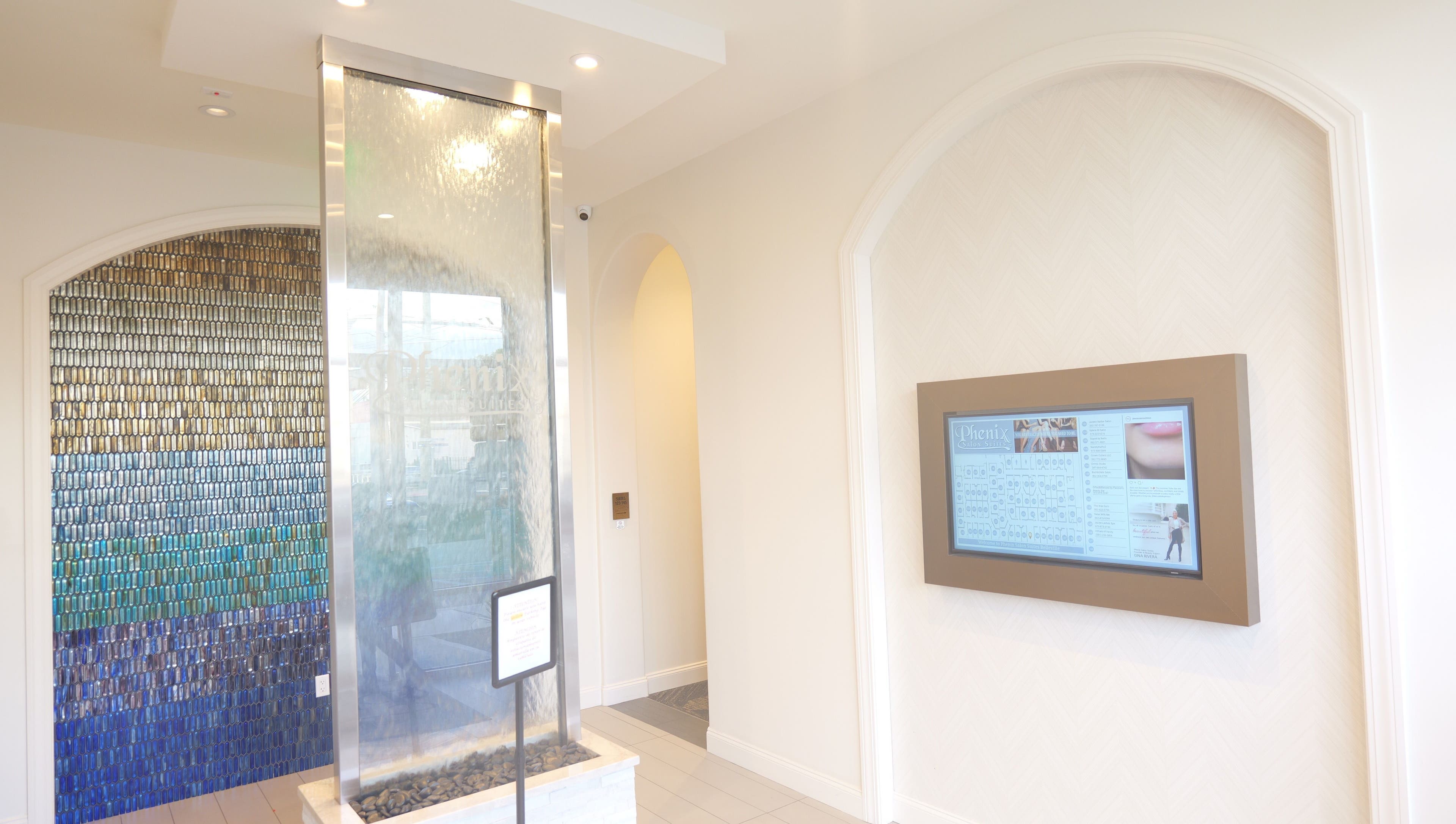 Serene lobby with water feature at Created by Lonna Skin and Body Spa, Belleville, New Jersey, US.