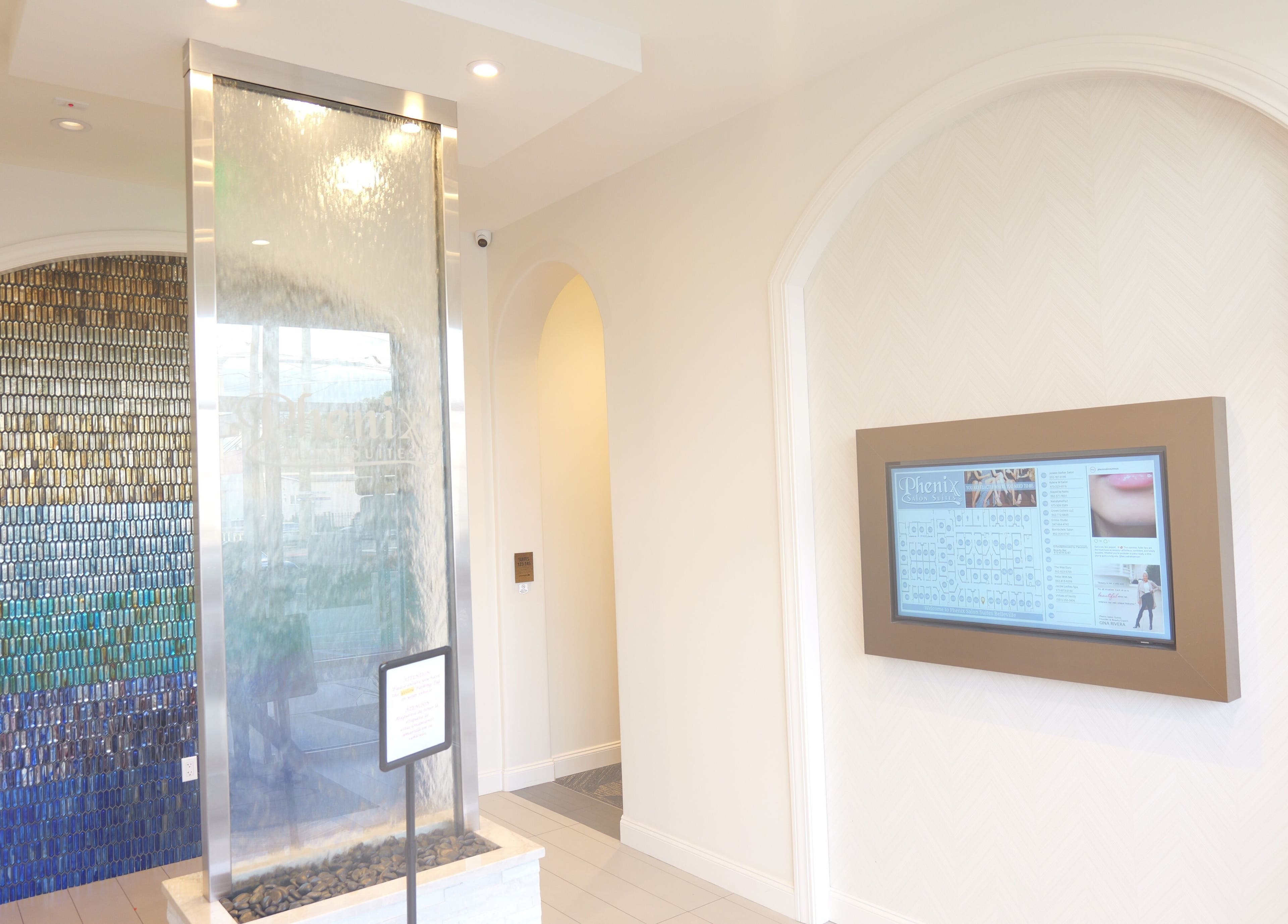 Serene lobby with water feature at Created by Lonna Skin and Body Spa, Belleville, New Jersey, US.