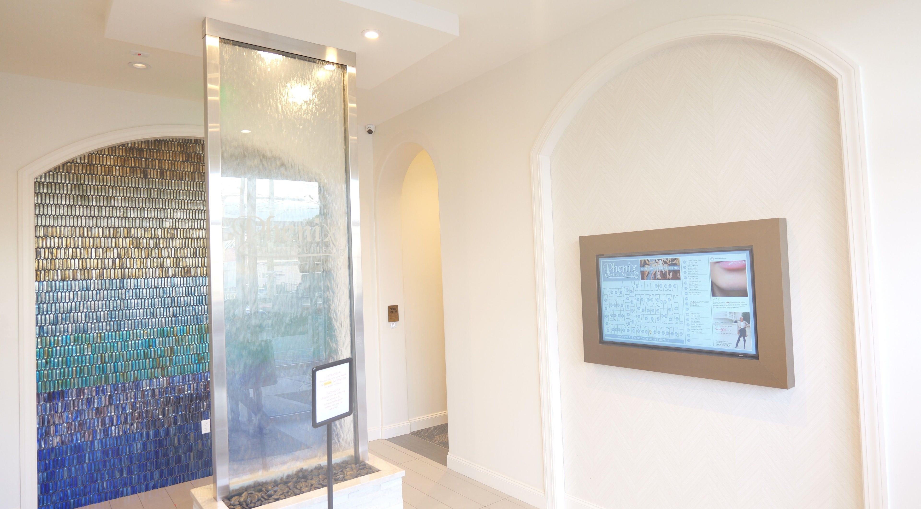 Serene lobby with water feature at Created by Lonna Skin and Body Spa, Belleville, New Jersey, US.