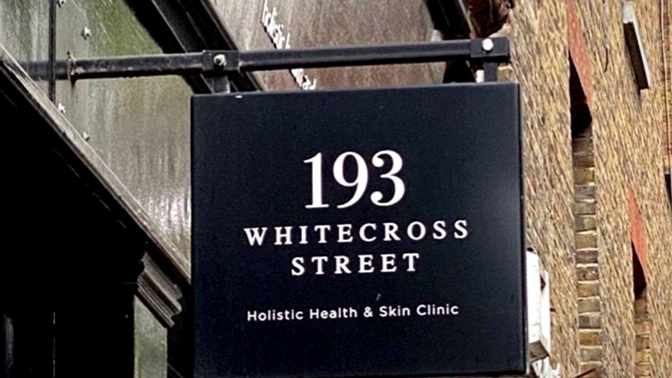 Sign for TCM Practice Acupuncture at Holistic Health and Skin Clinic, 193 Whitecross Street, London, England, GB.