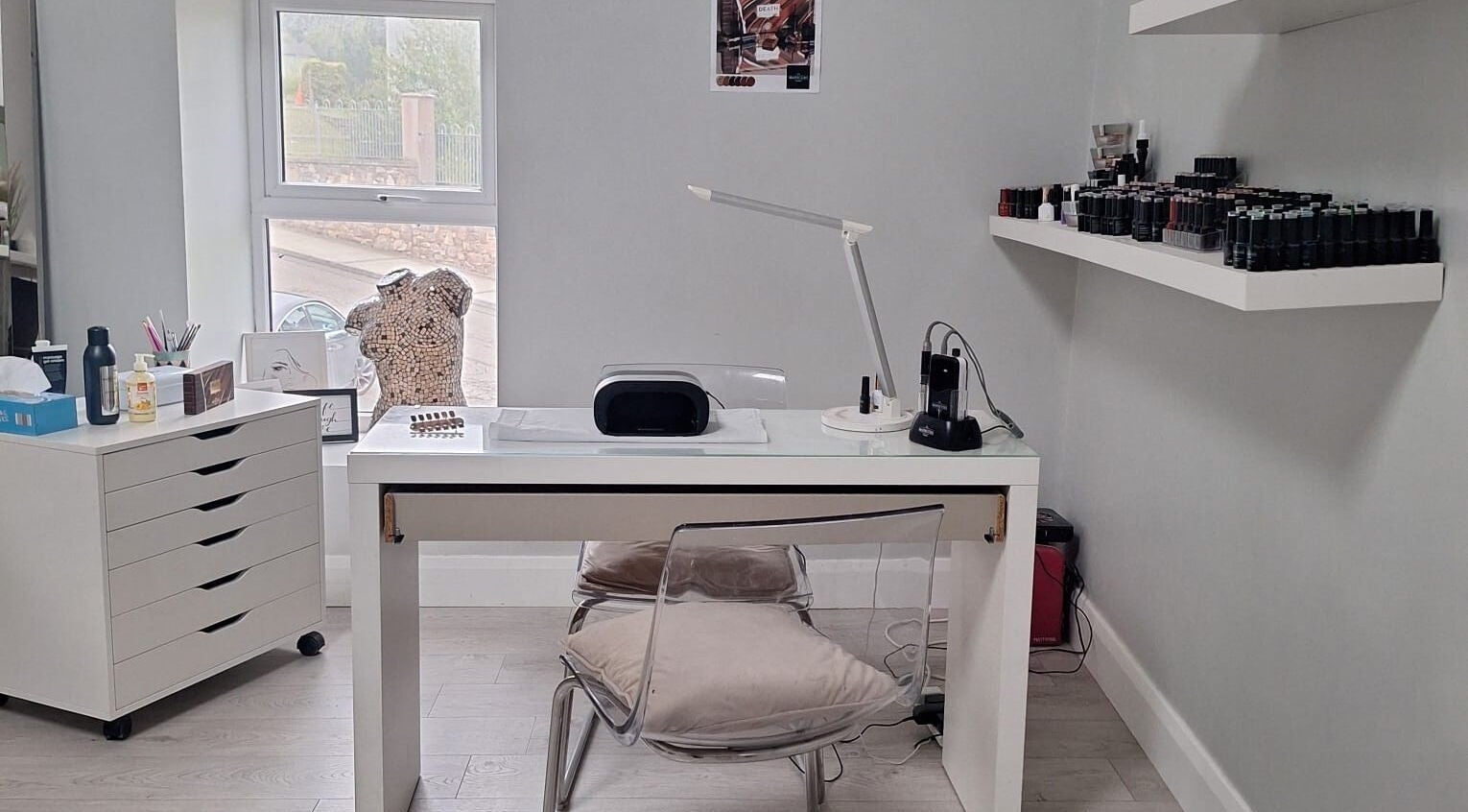 Modern nail station at Be Yourself in County Wexford, County Wexford, IE, featuring sleek decor and organized tools.