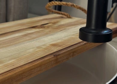 Stylish wooden countertop and basin at Cai The Stylist in Benoni, Gauteng, ZA.