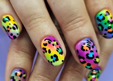 Colorful leopard print nail art at Purple On My Fingers, London, England, GB.