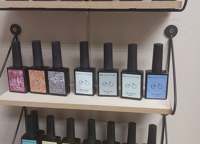 Gel polish bottles on display at Nails by Anja, Windhoek, Khomas Region, NA.