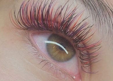 Close-up of colorful lashes at Lashed with Cee, Torquay, England, GB showcasing artistic extension work.