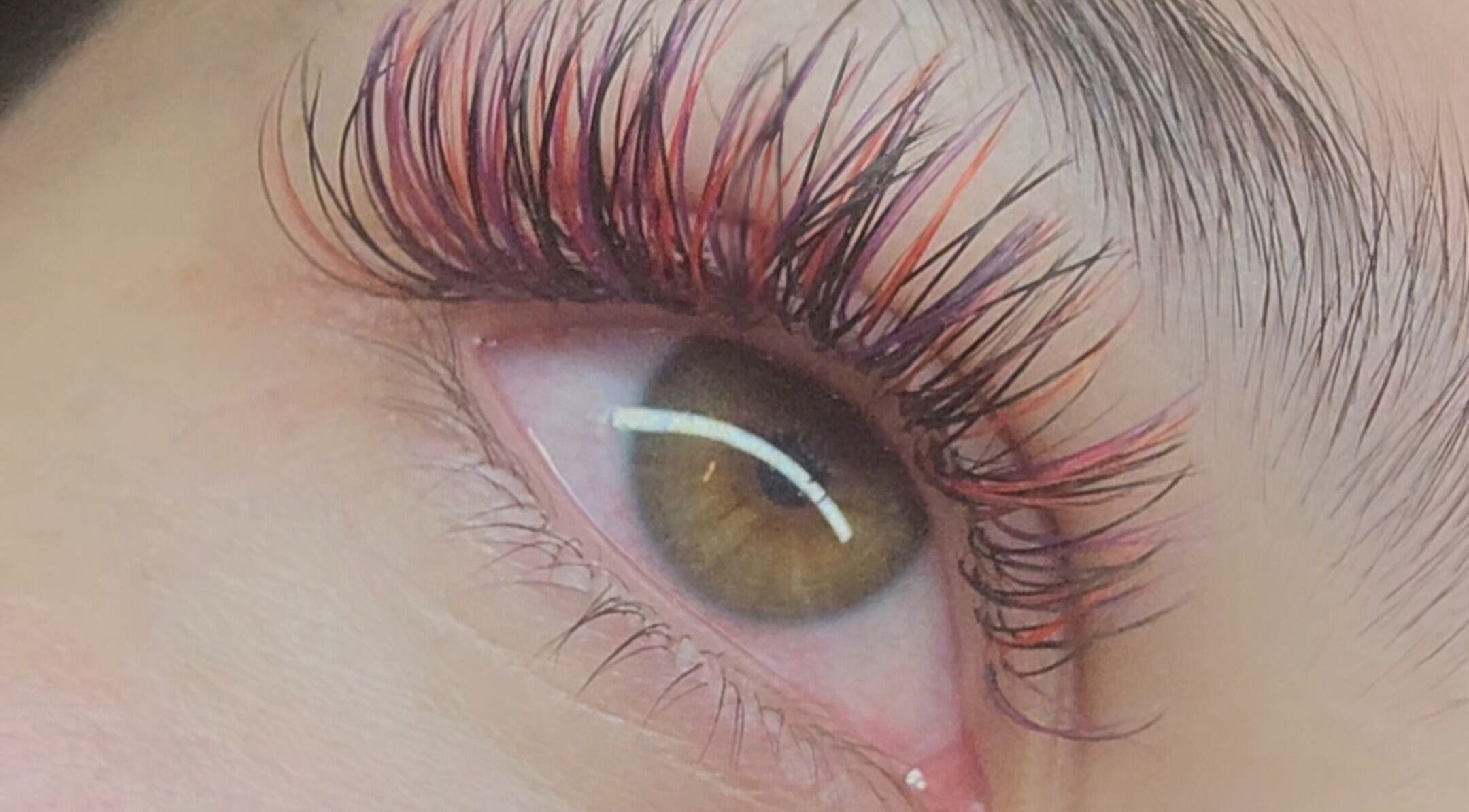 Close-up of colorful eyelash extensions from Lashed with Cee, Torquay, England, GB.