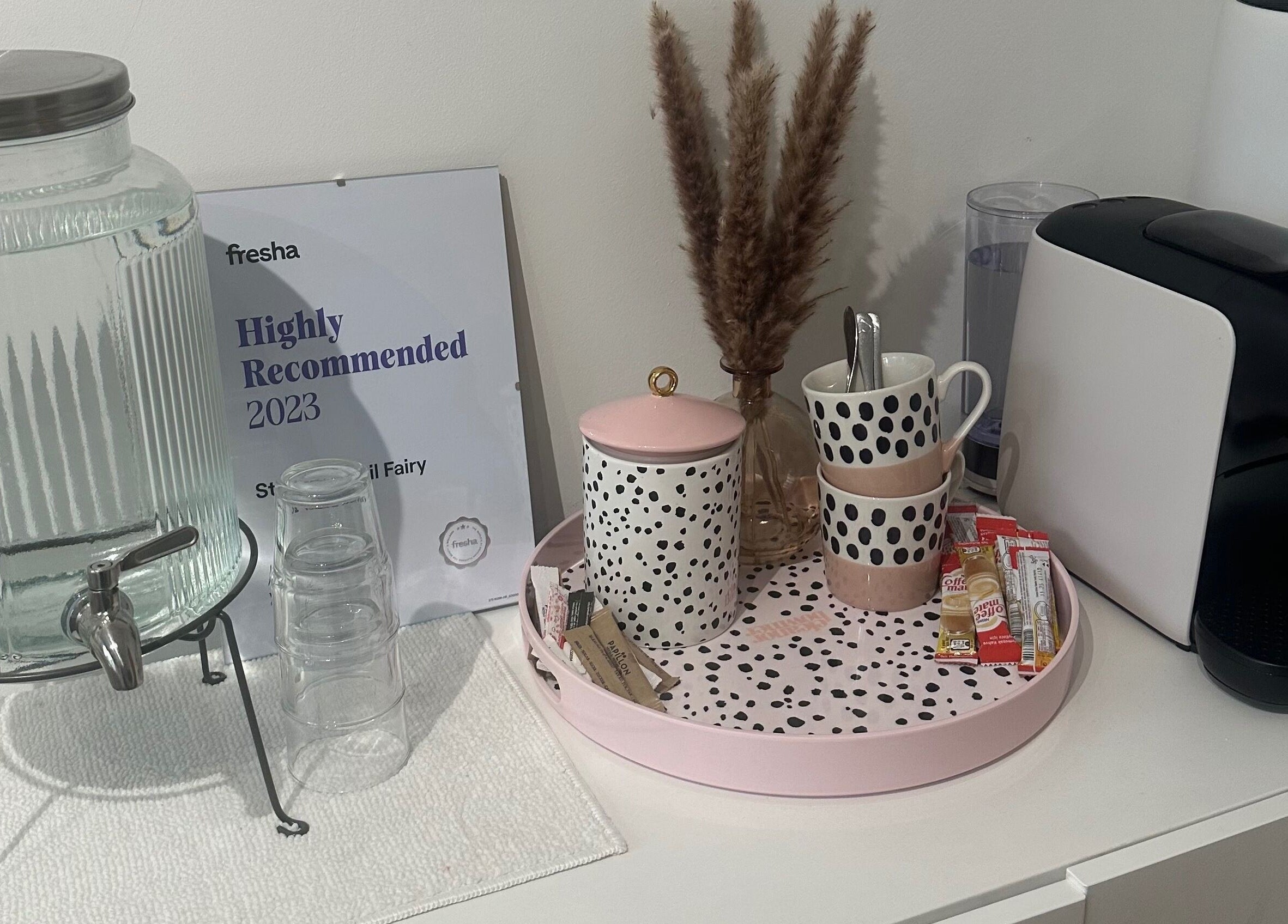 Refreshment corner with drinks and snacks at St Neots Nail Fairy, St Neots, England, GB.