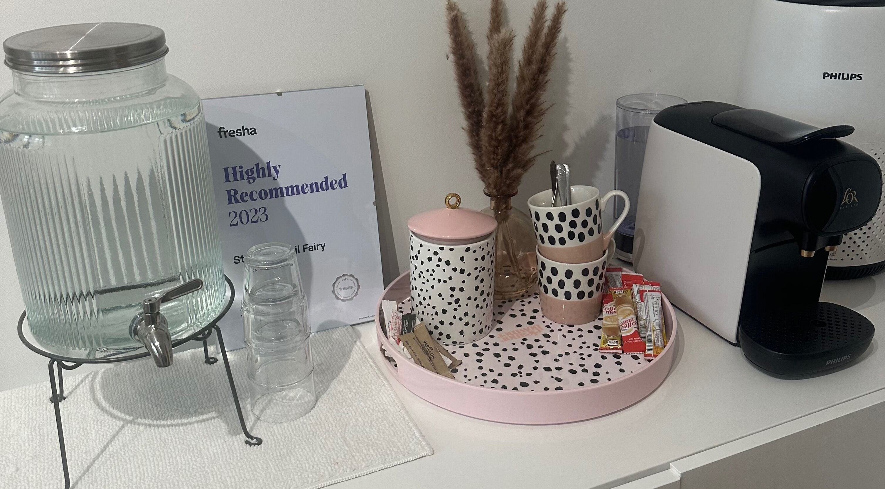 Refreshment corner with drinks and snacks at St Neots Nail Fairy, St Neots, England, GB.