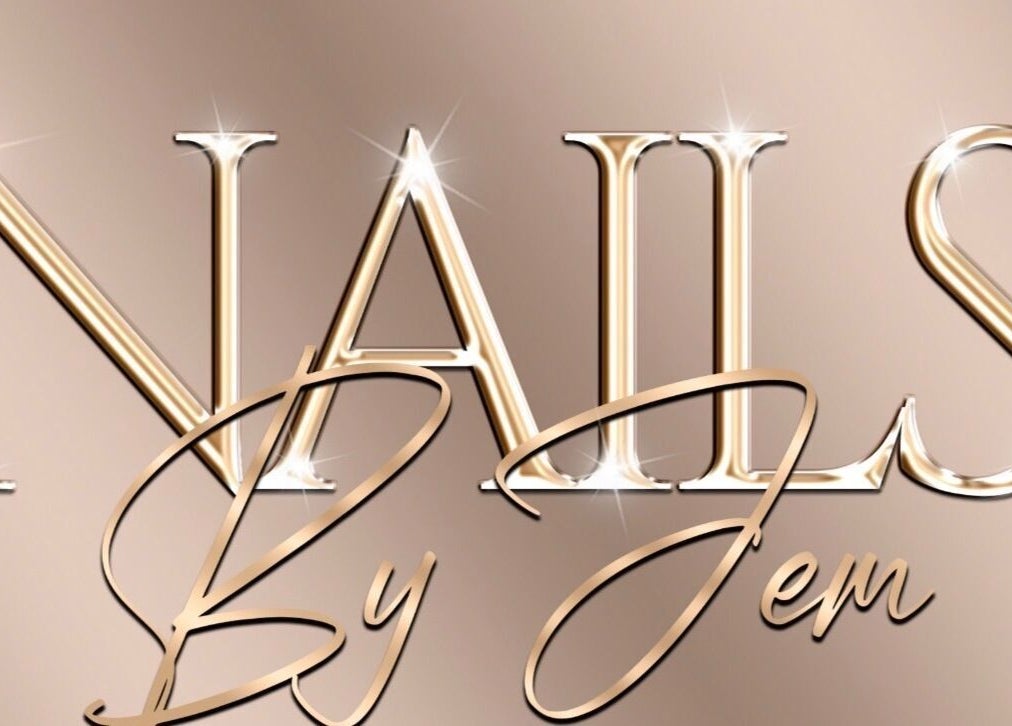 Elegant logo of Nails By Jem, Yate, England, GB, with gold detailing and sparkle accents.