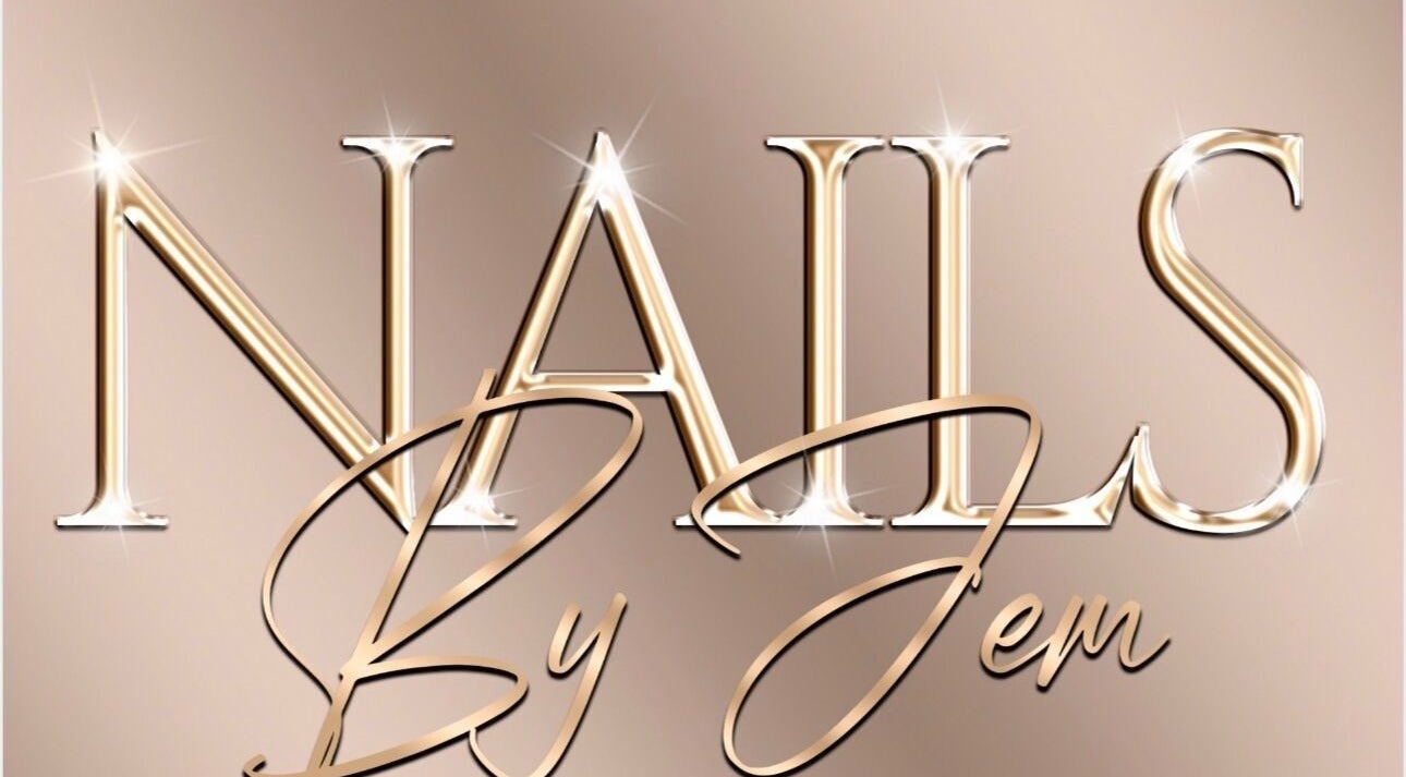 Elegant logo of Nails By Jem, Yate, England, GB, with gold detailing and sparkle accents.
