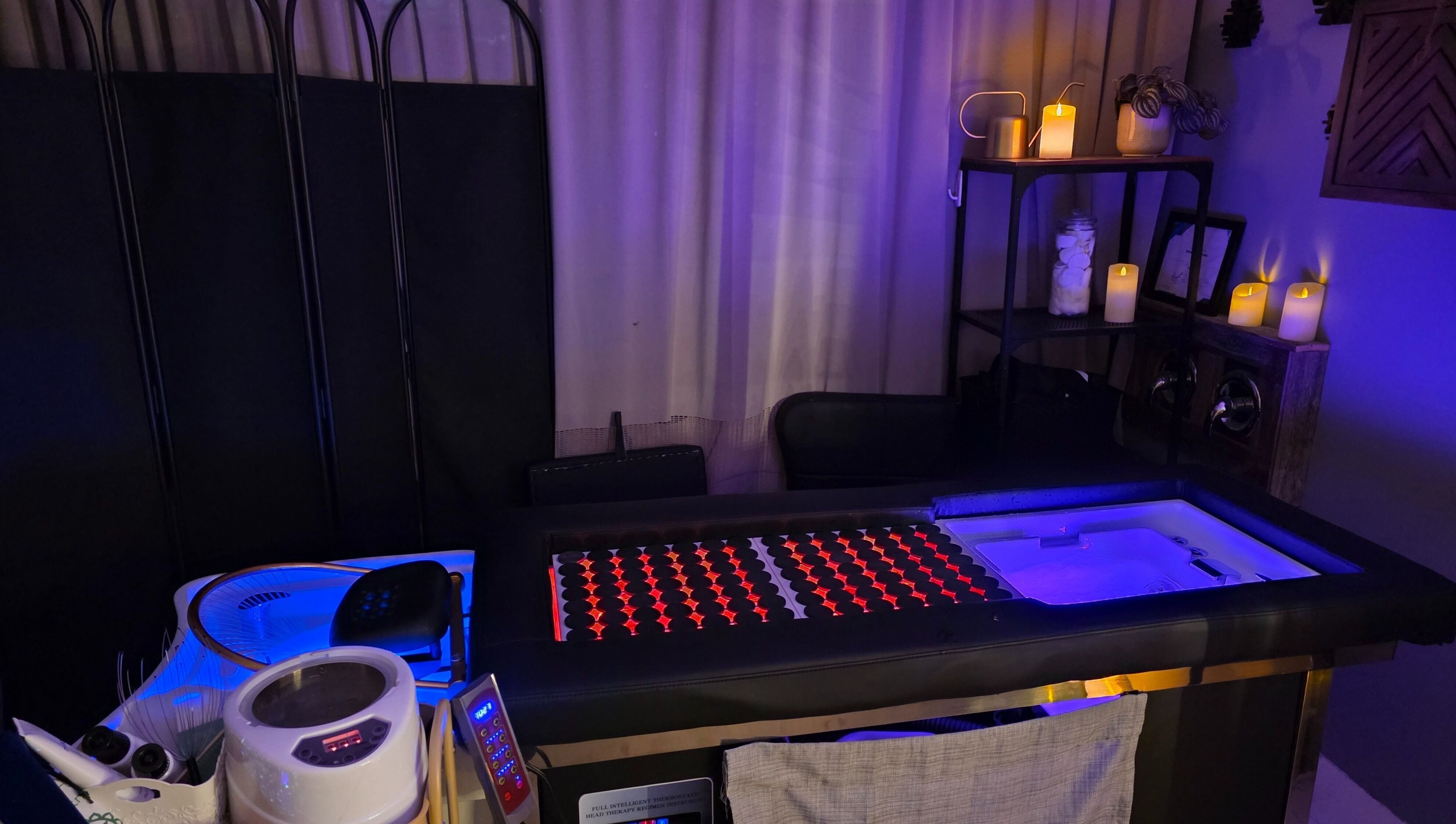 Luxurious spa setup at Ice and Glow Beauty and Wellness Center LLC, Ft Worth, Texas, US, with ambient lighting.