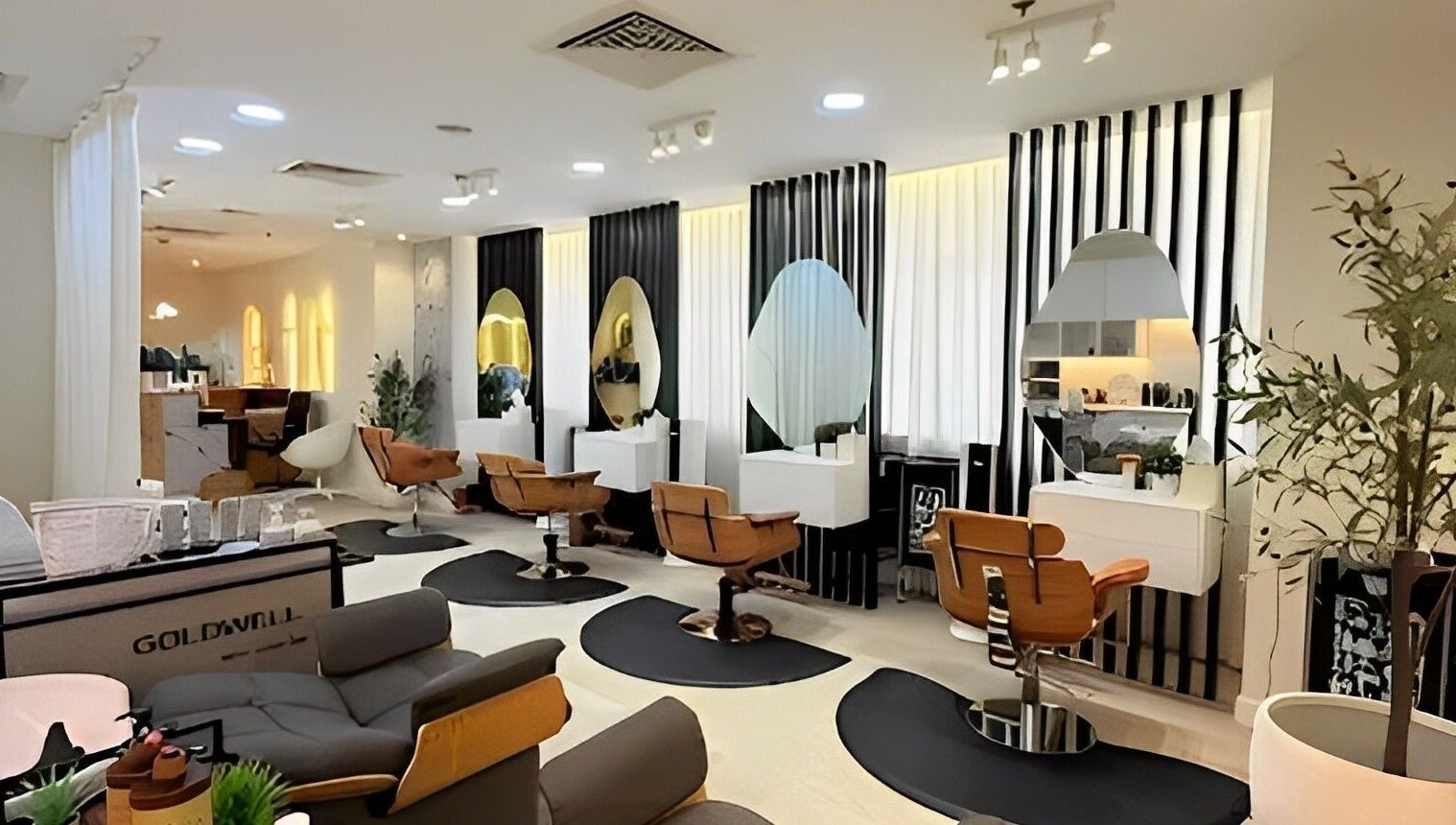 Chic interior of Off White Salon & Spa, Abu Dhabi, AE with stylish chairs and mirrors.