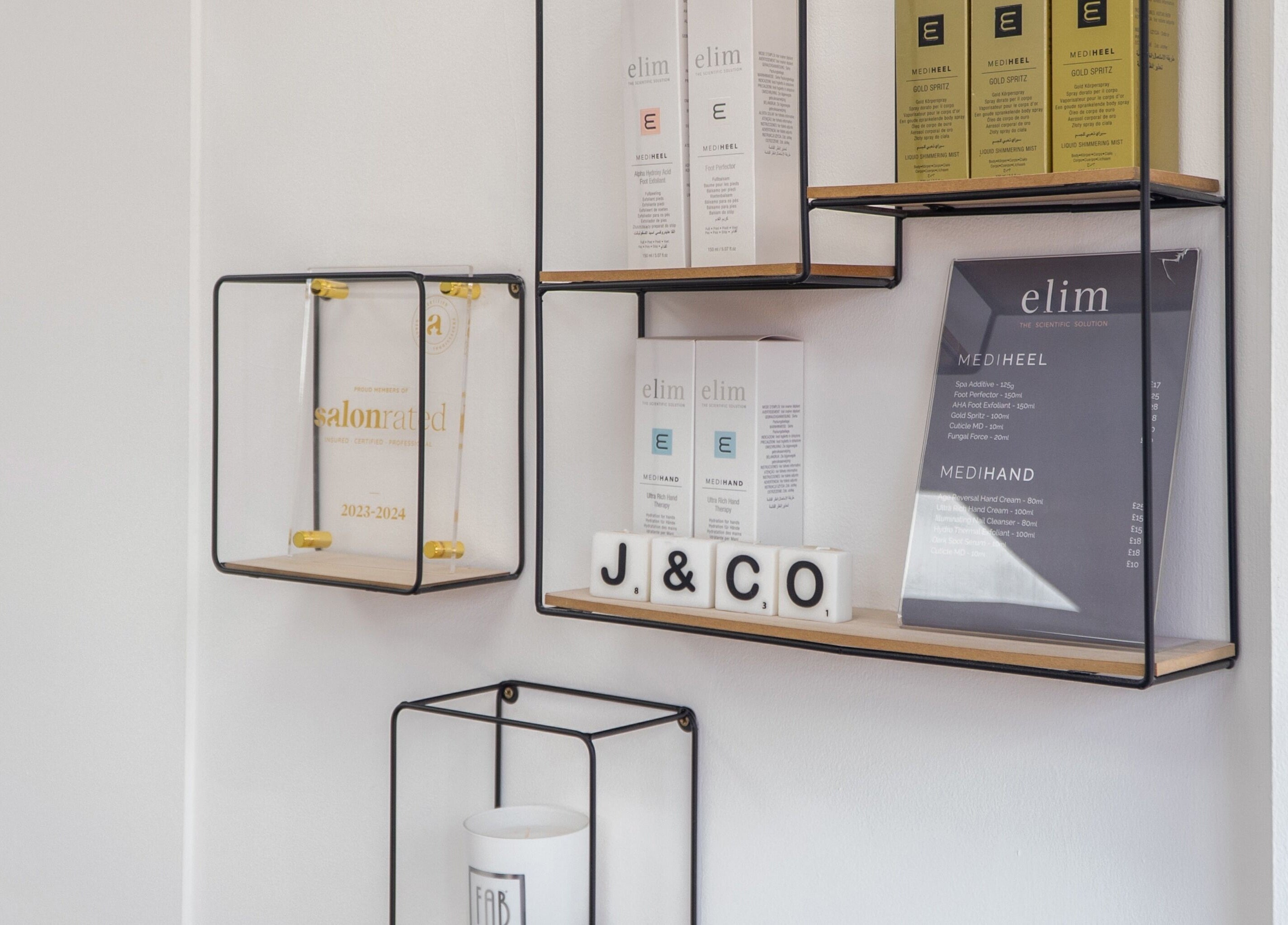 Elegant display shelves at Josie & Co showcasing beauty products in Lytham St Annes, England, GB.