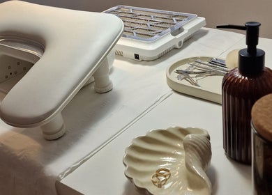 Manicure station at Klae Beauty in Camberley, England, GB with tools and stylish decor.