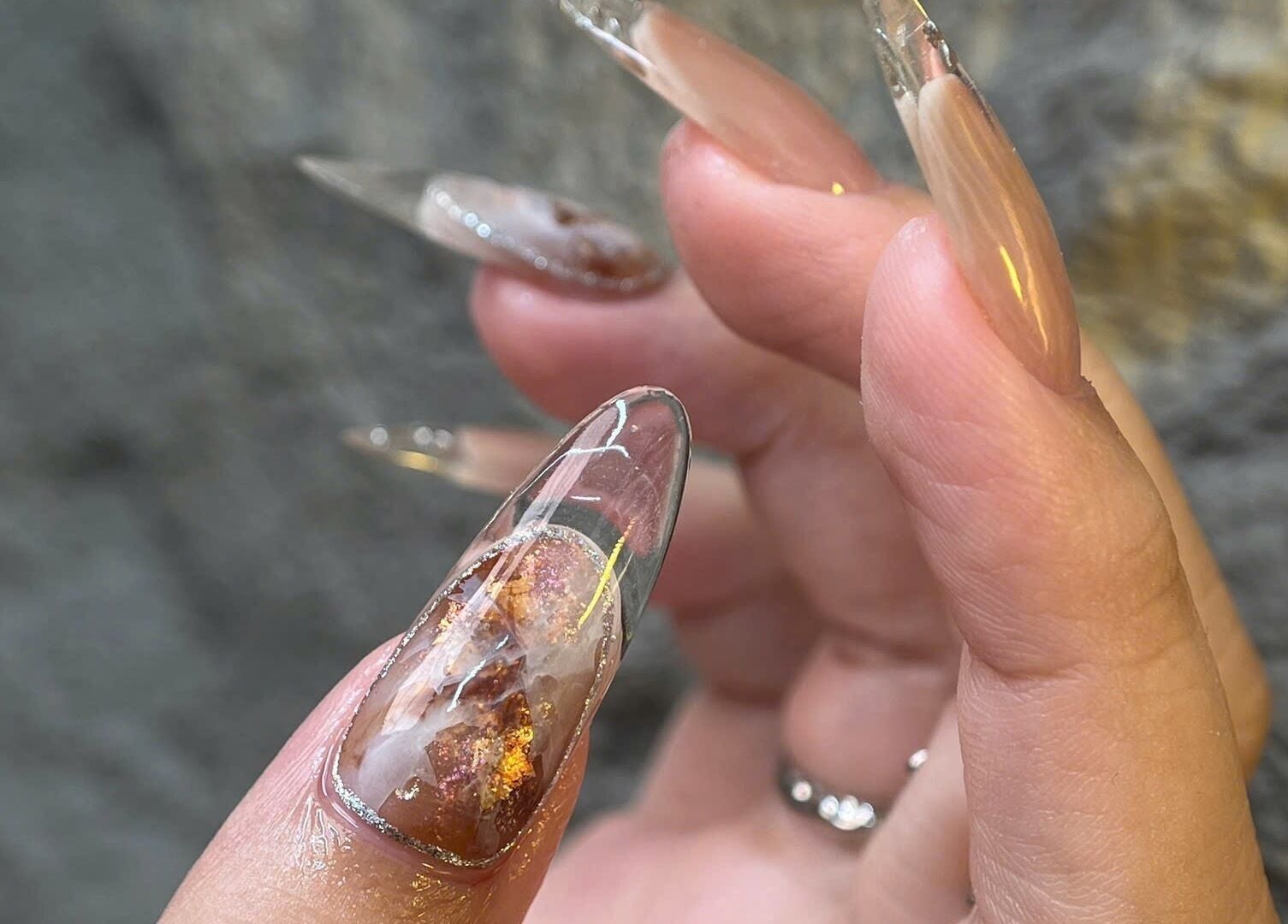 Close-up of decorative nail art at Iconic Nails Studio, Los Altos, California, US.