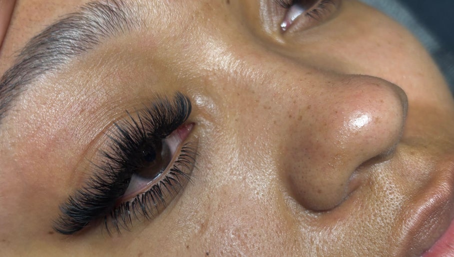 Close-up of lush eyelash extensions at LashedByValid, Brampton, Ontario, CA, showcasing expert beauty care.