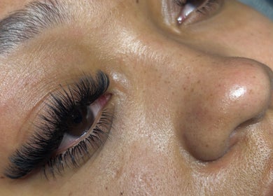 Close-up of lush eyelash extensions at LashedByValid, Brampton, Ontario, CA, showcasing expert beauty care.