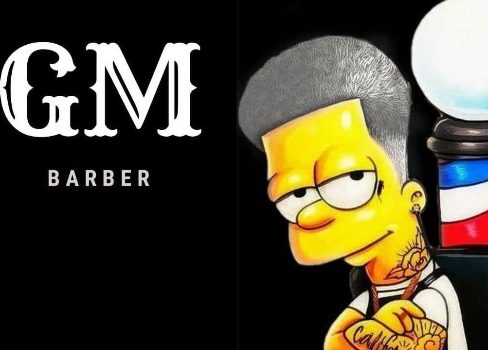 Personaje animado con logo GM Barber en Lanús, Provincia de Buenos Aires, AR. Ambiente moderno y atractivo.