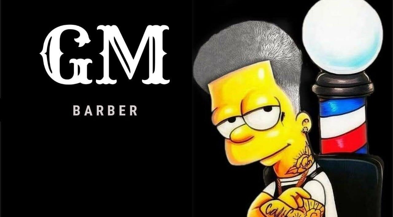 Personaje animado con logo GM Barber en Lanús, Provincia de Buenos Aires, AR. Ambiente moderno y atractivo.